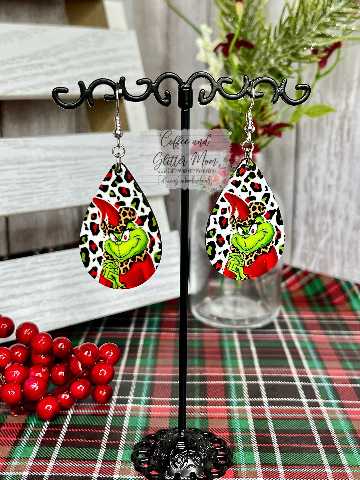 Animal Print Grinch Christmas Earrings RTS