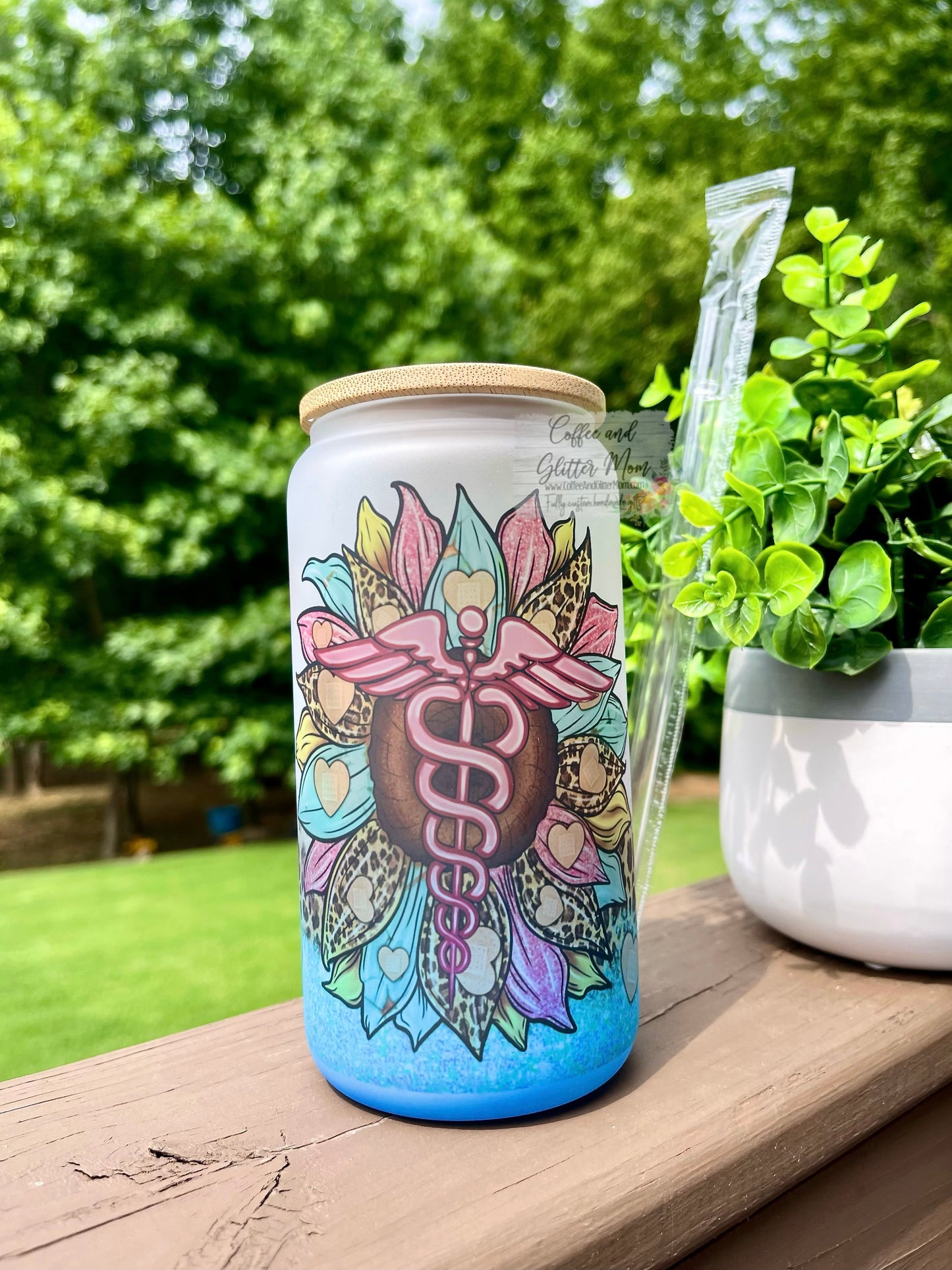 Caduceus Flower 16oz Blue Glass Can
