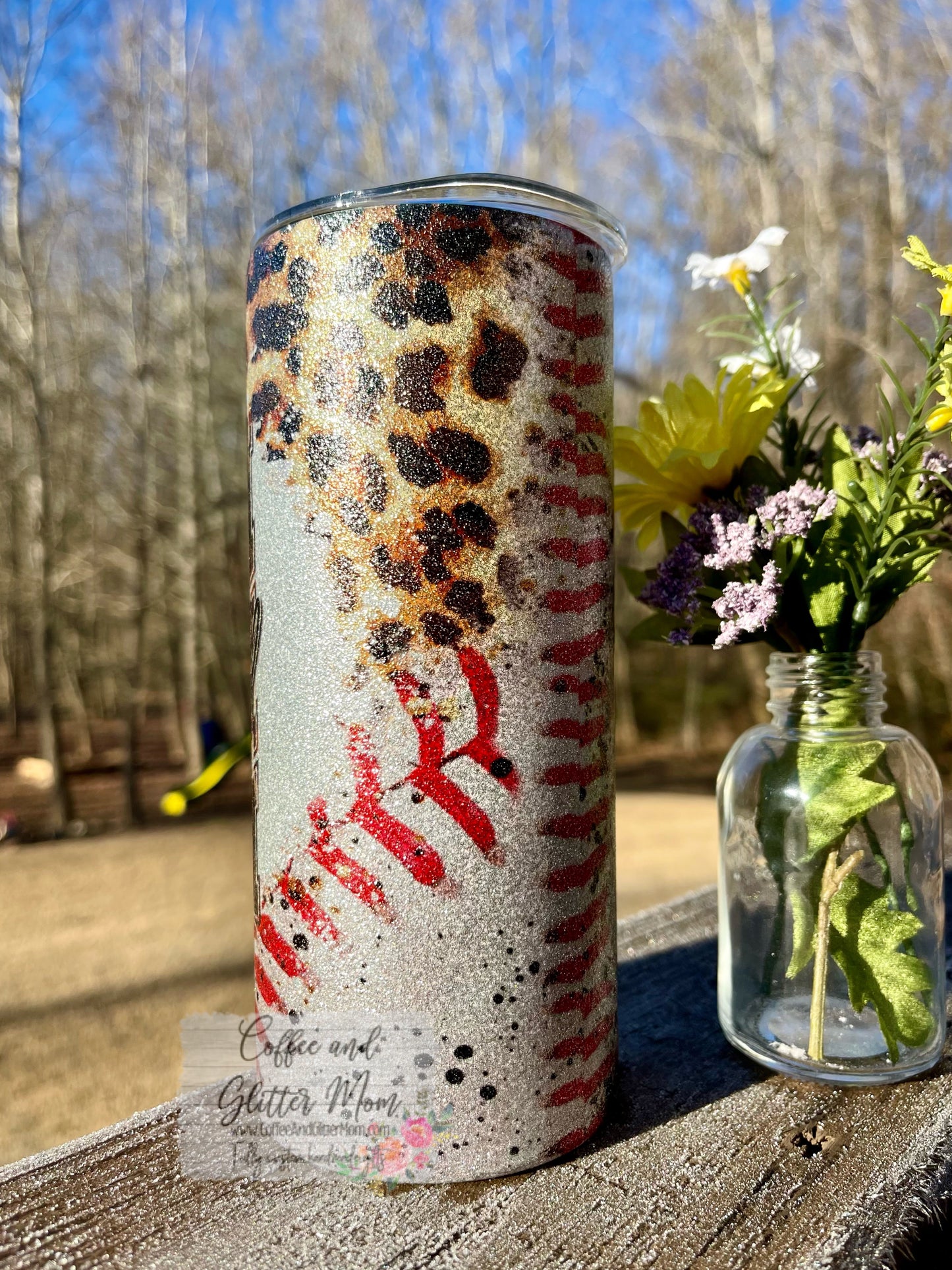 Animal Print Baseball Mom 15oz Silver Glitter Skinny Tumbler