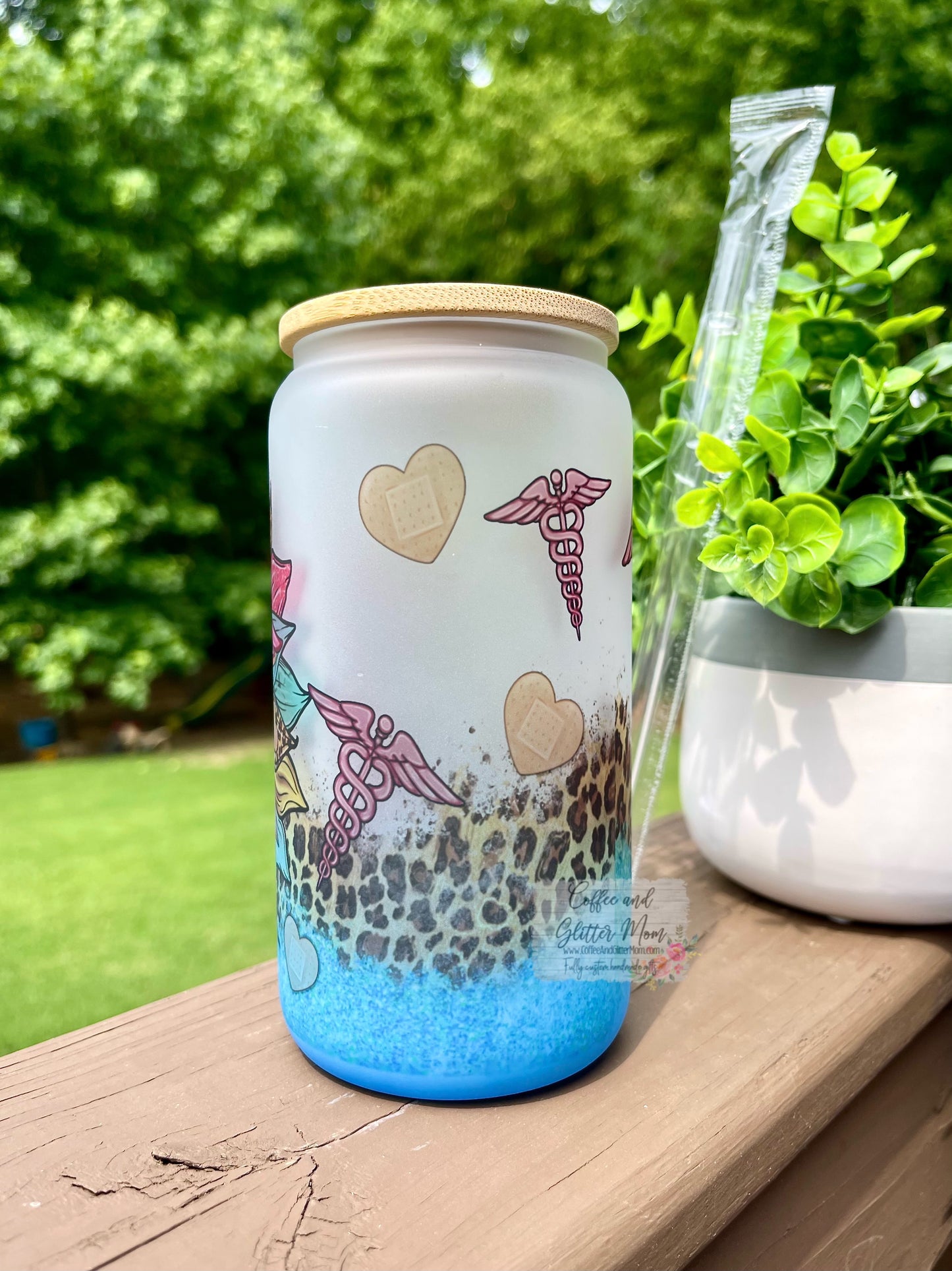 Caduceus Flower 16oz Blue Glass Can