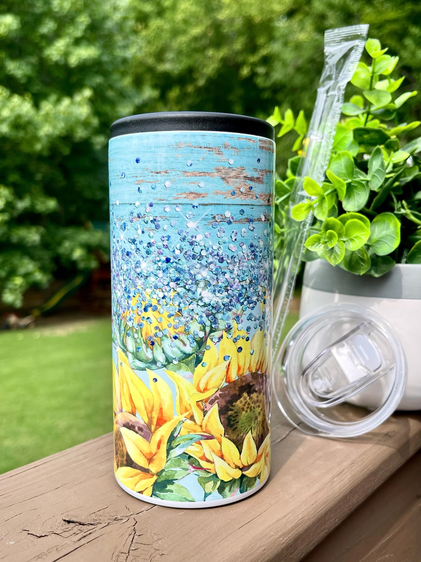 Rustic Sunflower 12oz Skinny Can Cooler Duo-Lid Tumbler