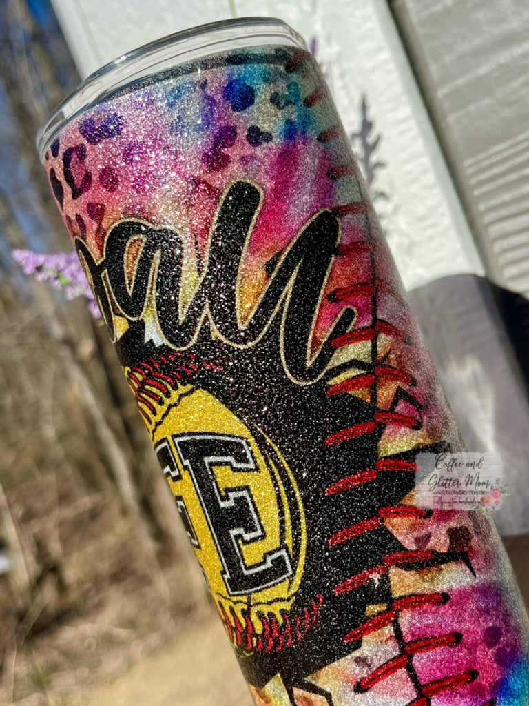 Softball Life Tie-Dye 15oz Silver Glitter Skinny Tumbler