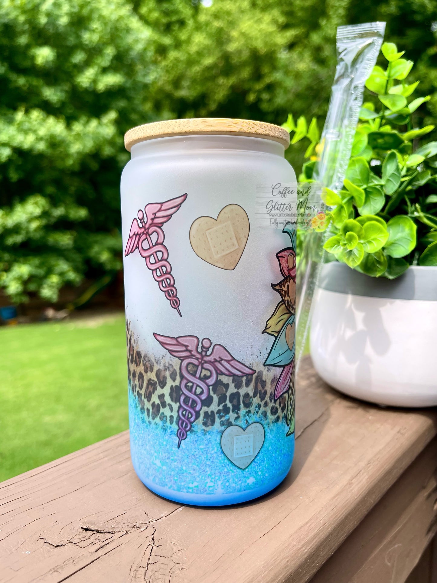 Caduceus Flower 16oz Blue Glass Can