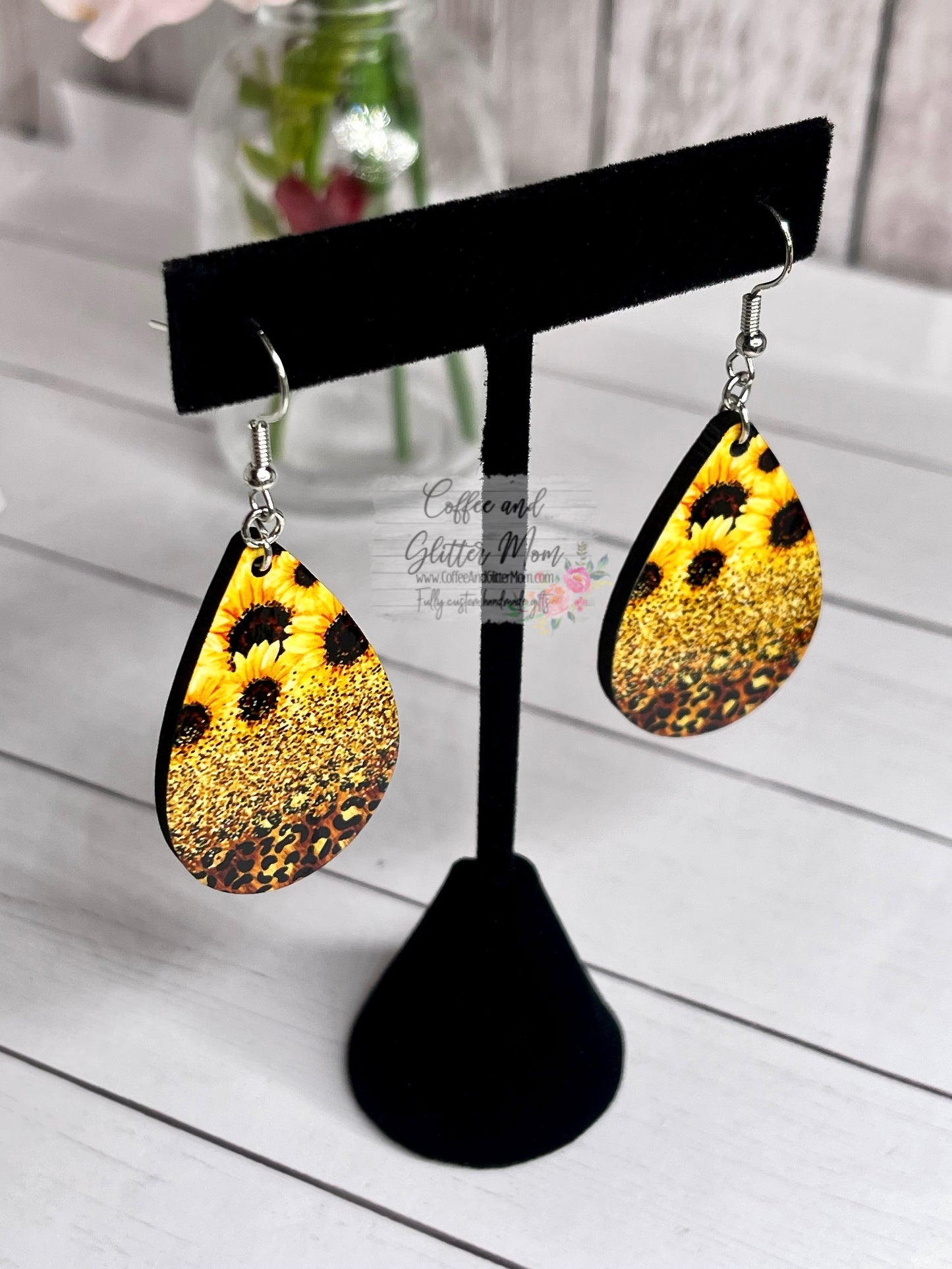 Sunflower Leopard Teardrop Earrings RTS