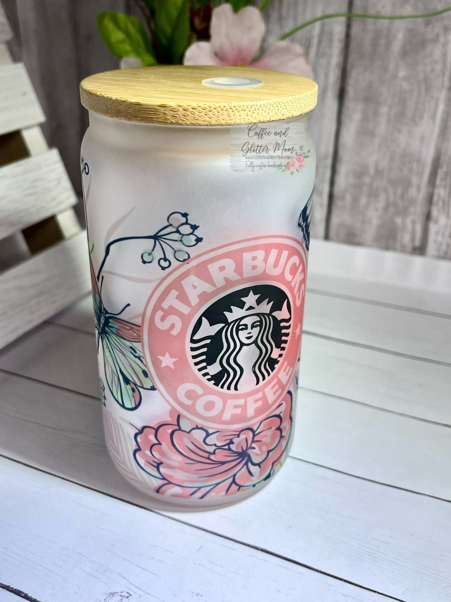 Pink Butterfly Starbucks 12oz Glass Can