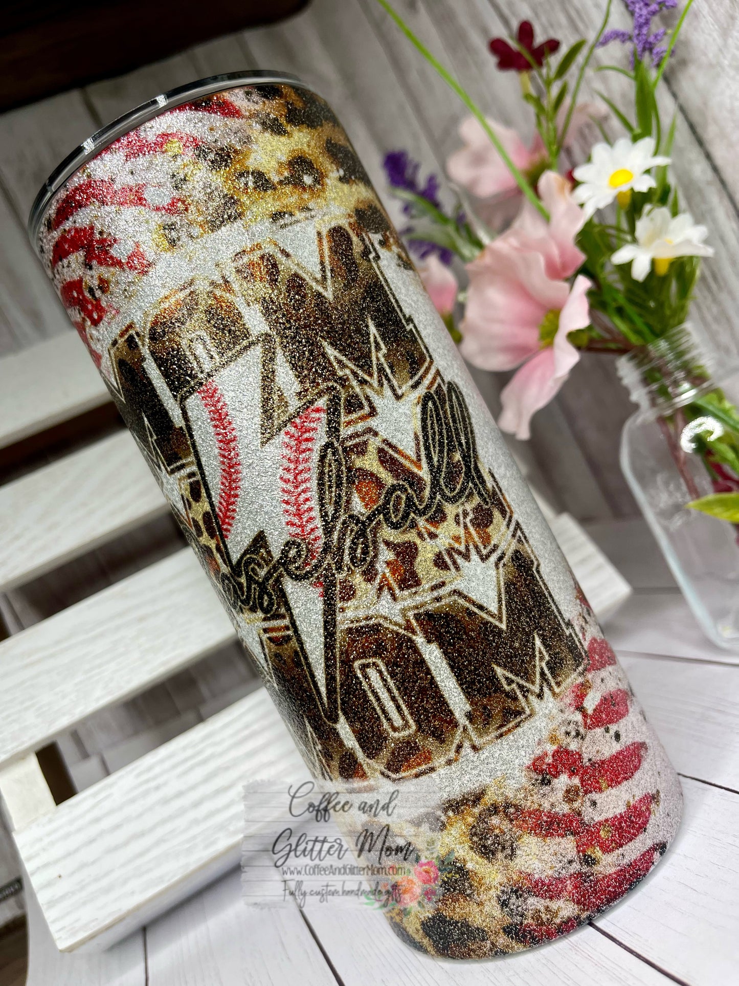 Animal Print Baseball Mom 15oz Silver Glitter Skinny Tumbler