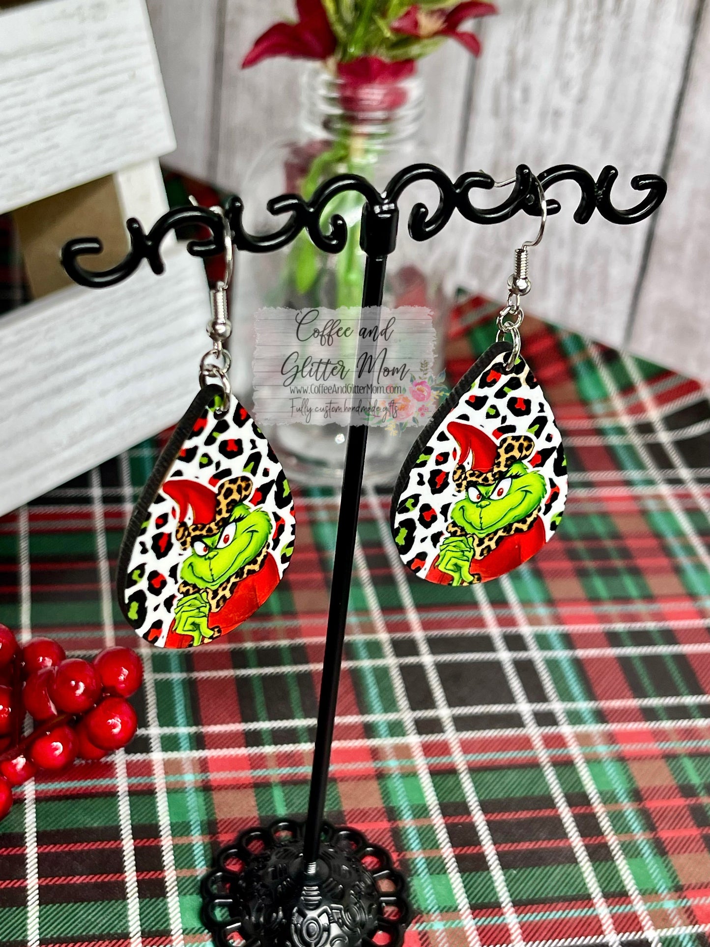 Animal Print Grinch Christmas Earrings RTS
