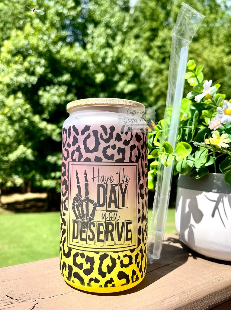 Day You Deserve Animal Print 16oz Yellow Glass Can