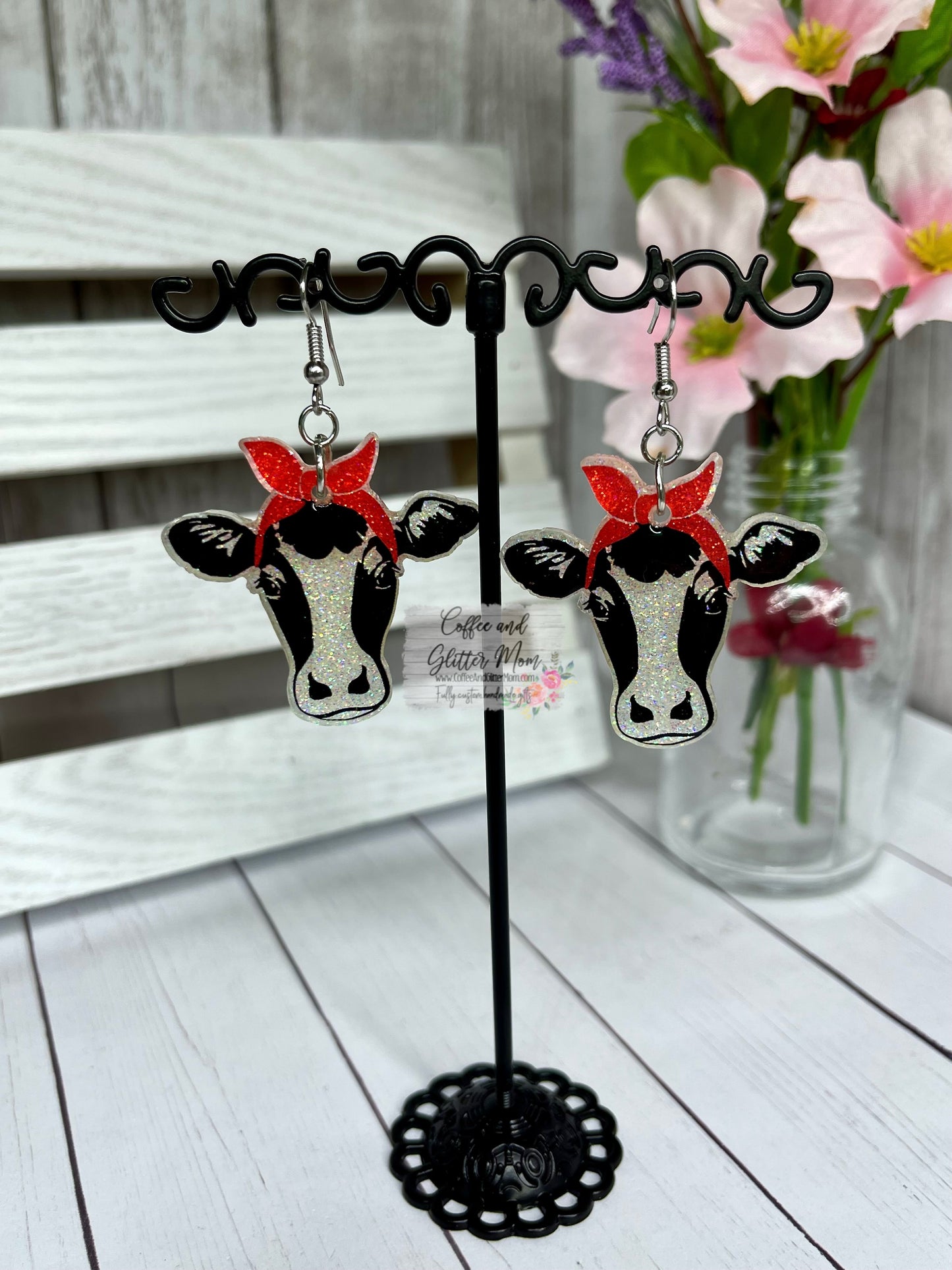 Bandanna Cow Glitter Earrings