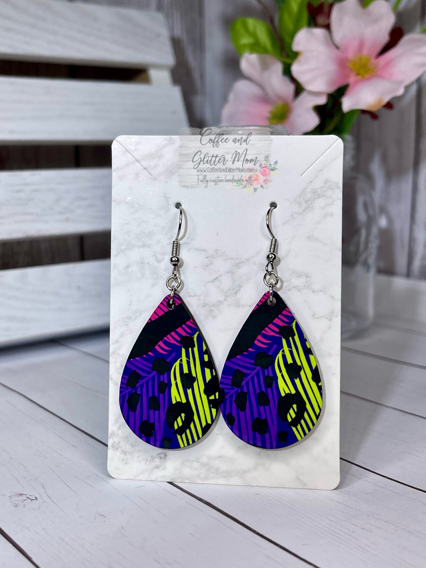 Neon Palm Leaf Teardrop Earrings