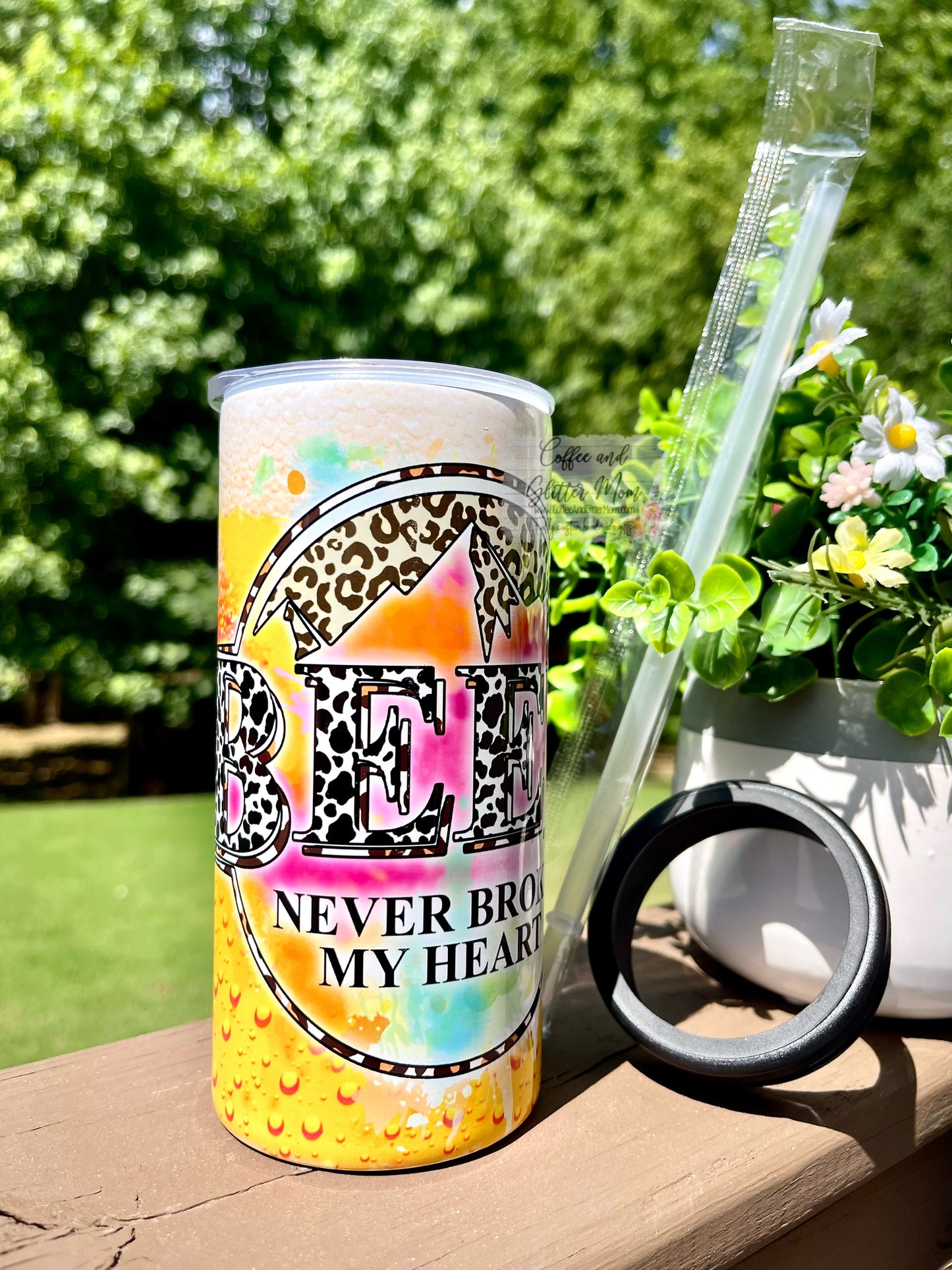 Beer Never Broke My Heart 12oz Skinny Can Cooler Duo-Lid Tumbler