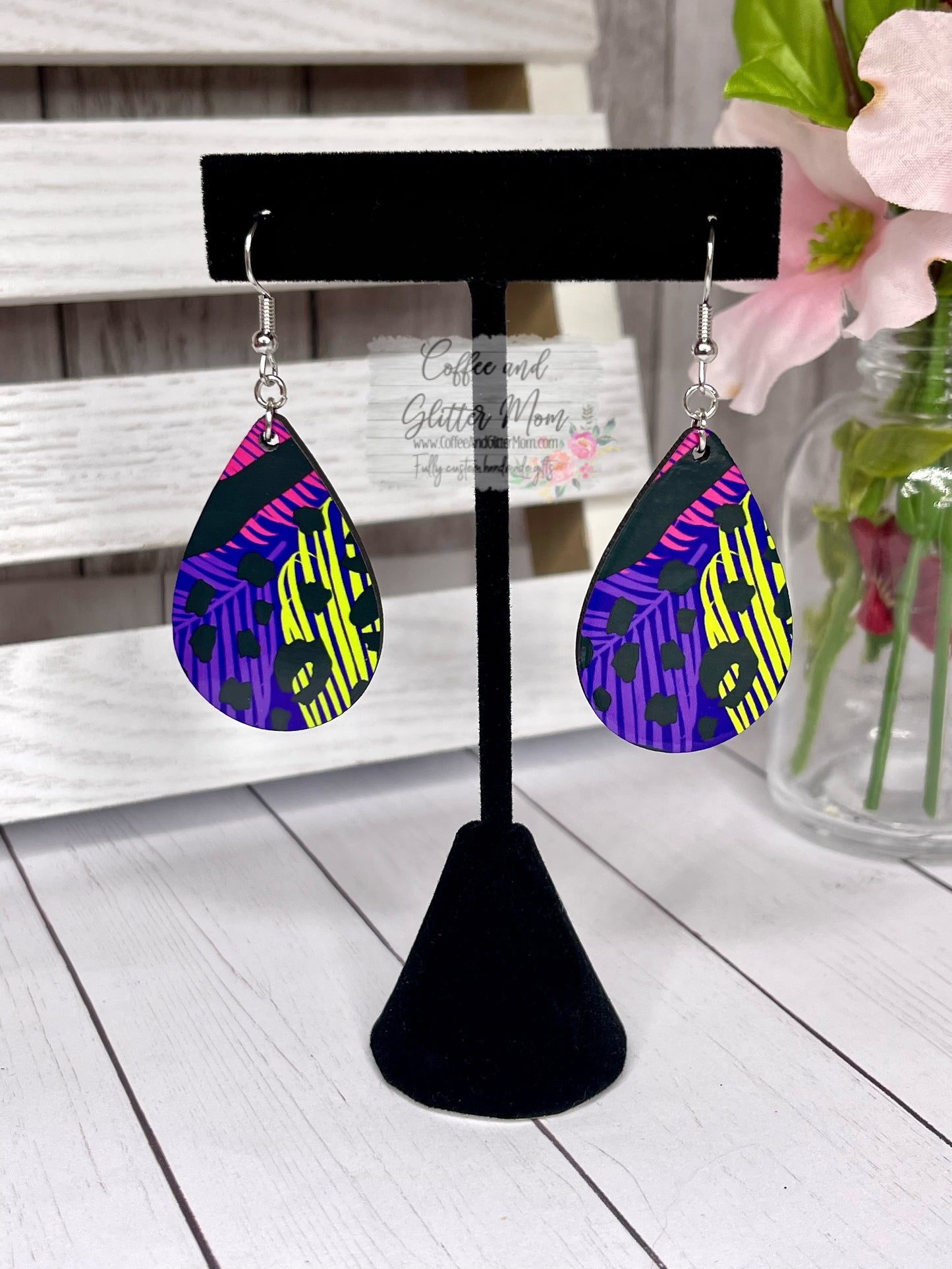 Neon Palm Leaf Teardrop Earrings