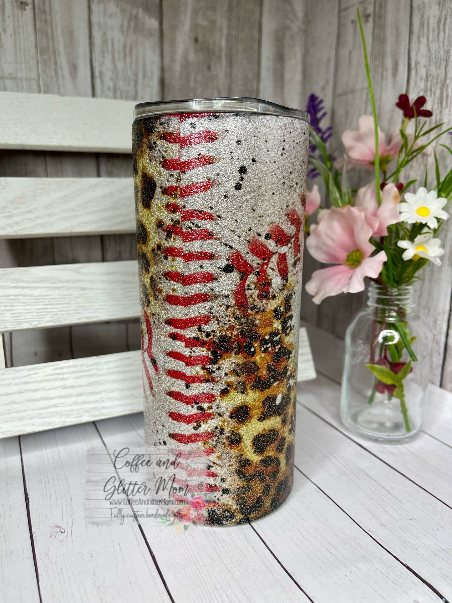 Animal Print Baseball Mom 15oz Silver Glitter Skinny Tumbler