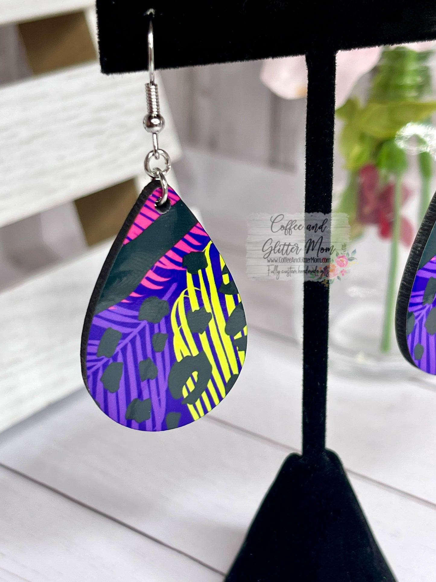 Neon Palm Leaf Teardrop Earrings