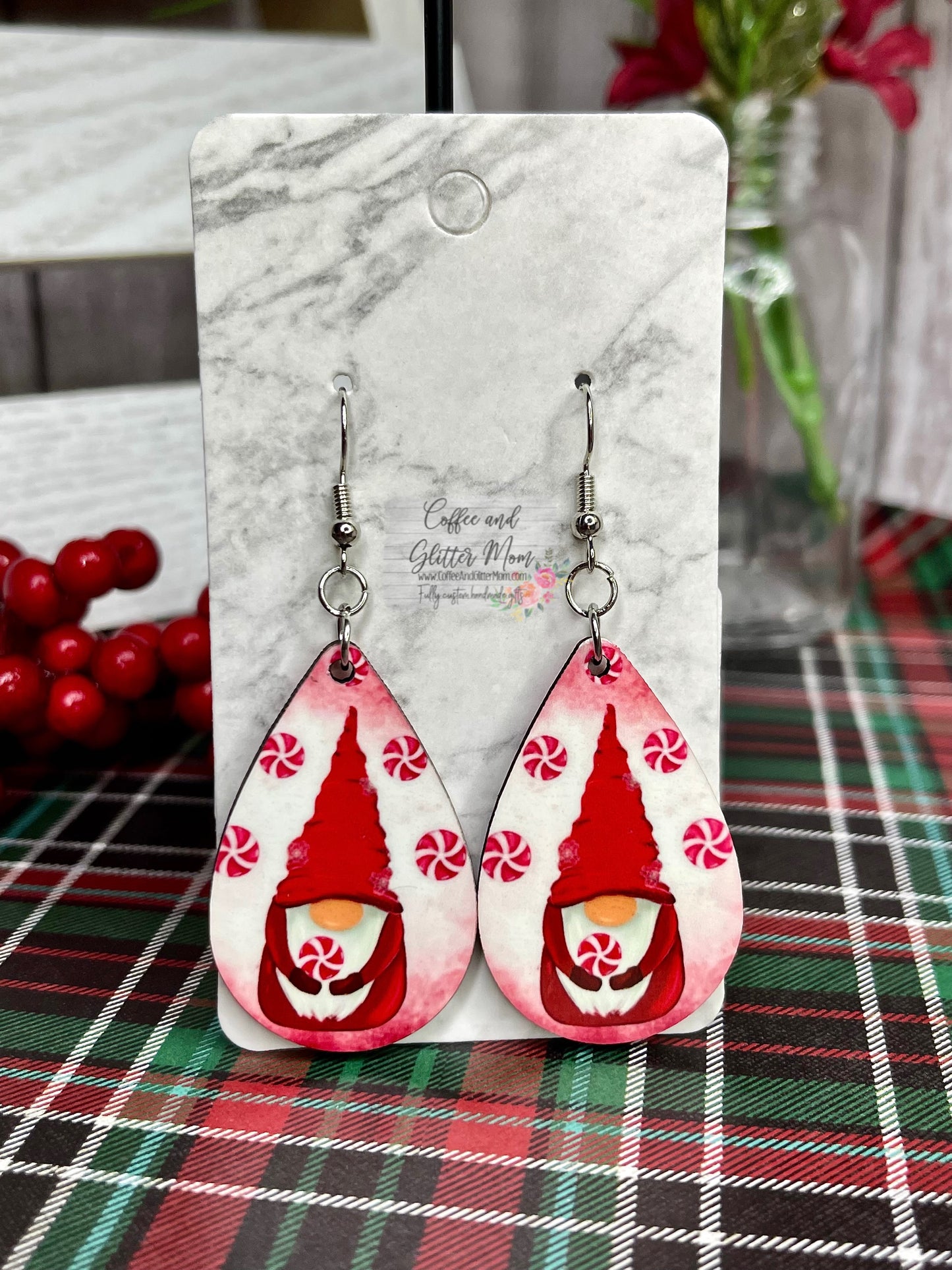 Peppermint Gnome Christmas Earrings
