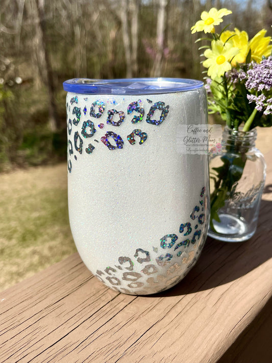 White Animal Print Rainbow 15oz Wine Tumbler with Lid and Straw