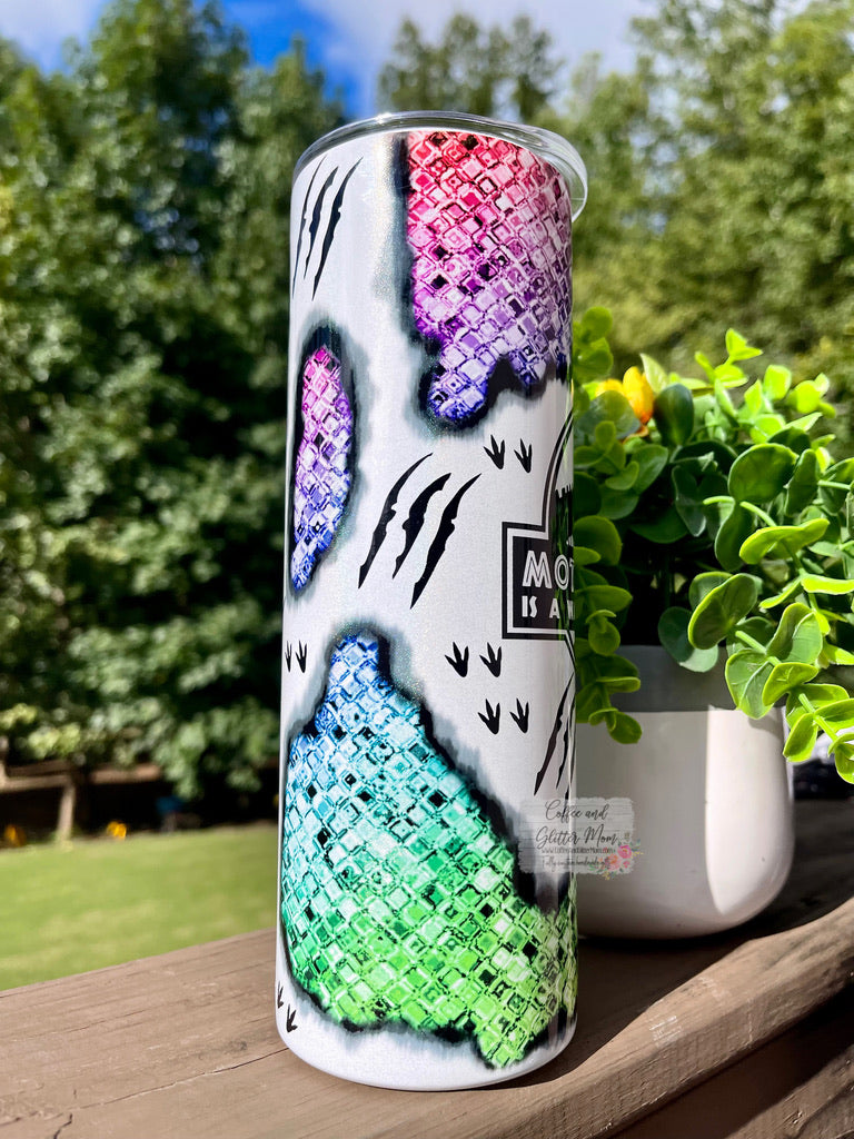 Motherhood is a Walk in the Park Dinosaur 20oz White Rainbow Skinny Tumbler