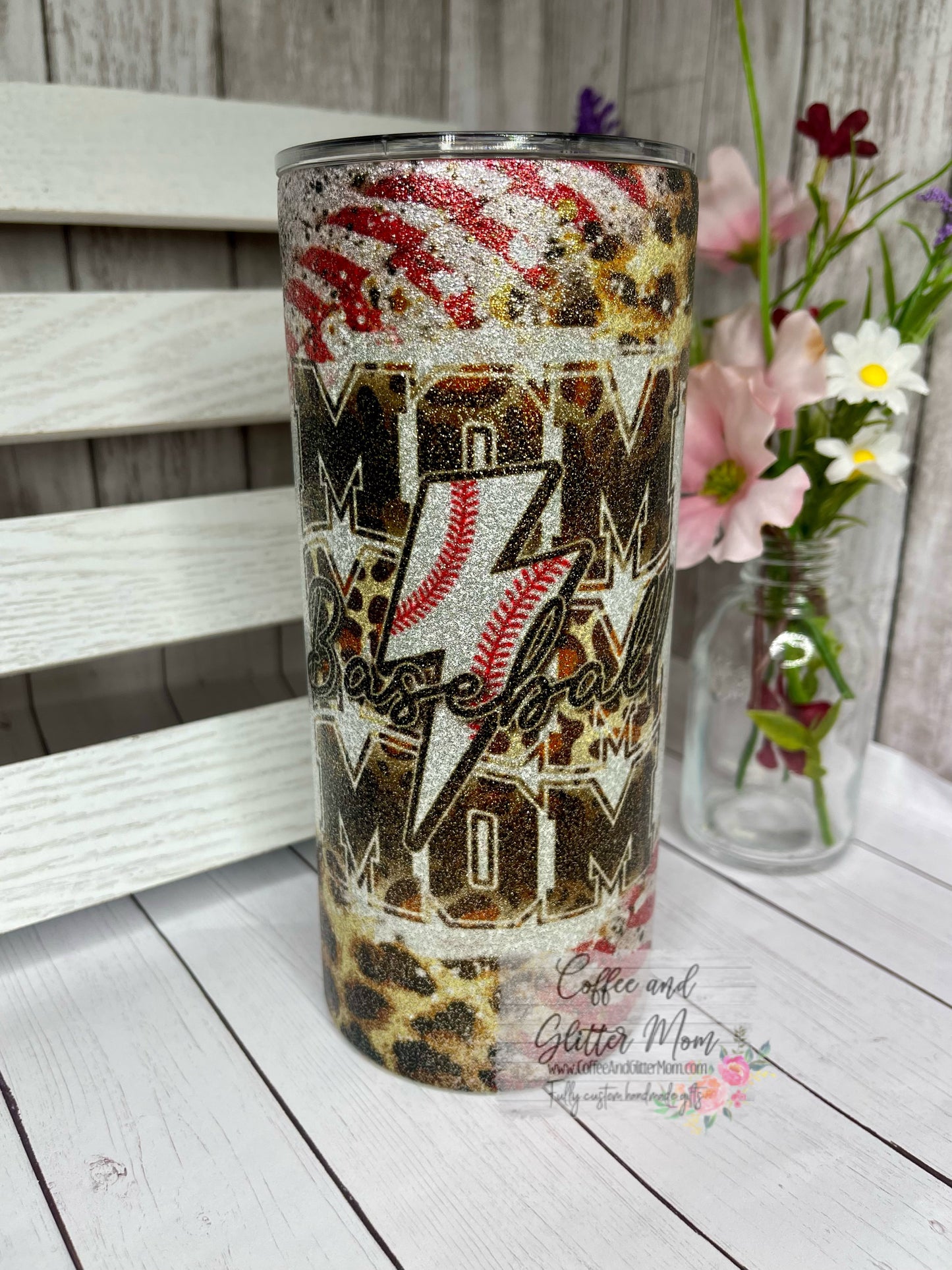 Animal Print Baseball Mom 15oz Silver Glitter Skinny Tumbler