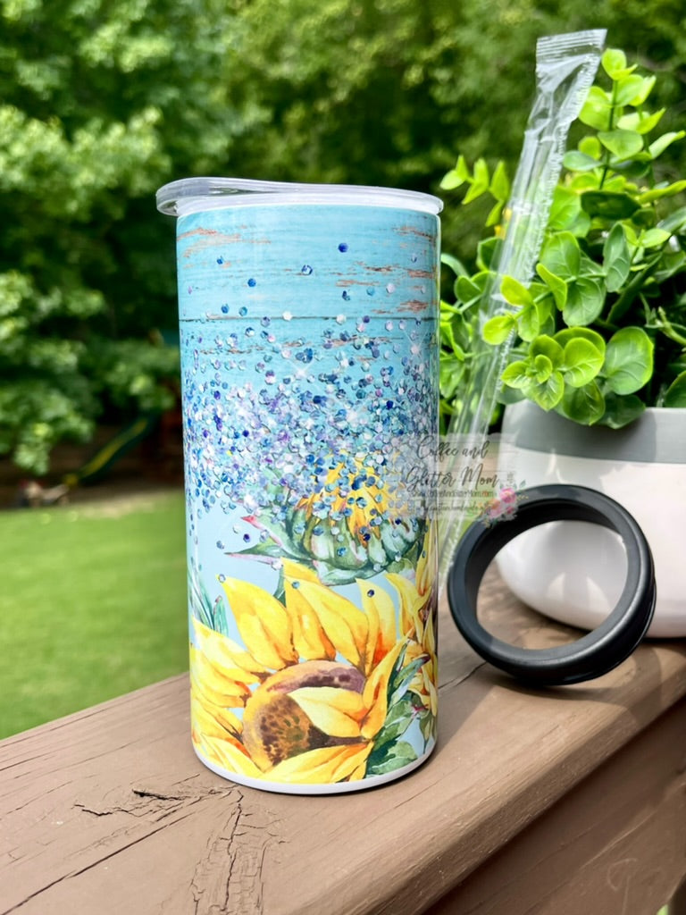 Rustic Sunflower 12oz Skinny Can Cooler Duo-Lid Tumbler