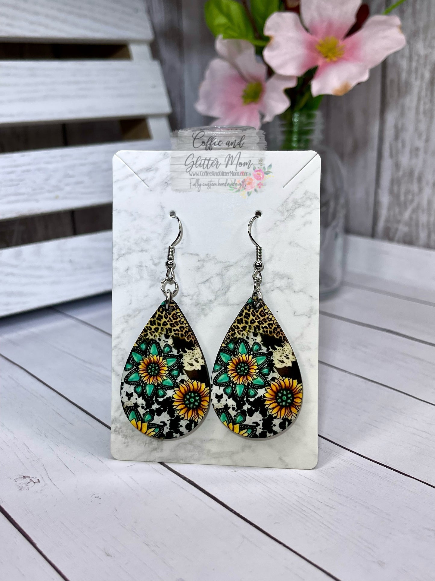 Sunflower Leopard/Cowhide and Turquoise Teardrop Earrings