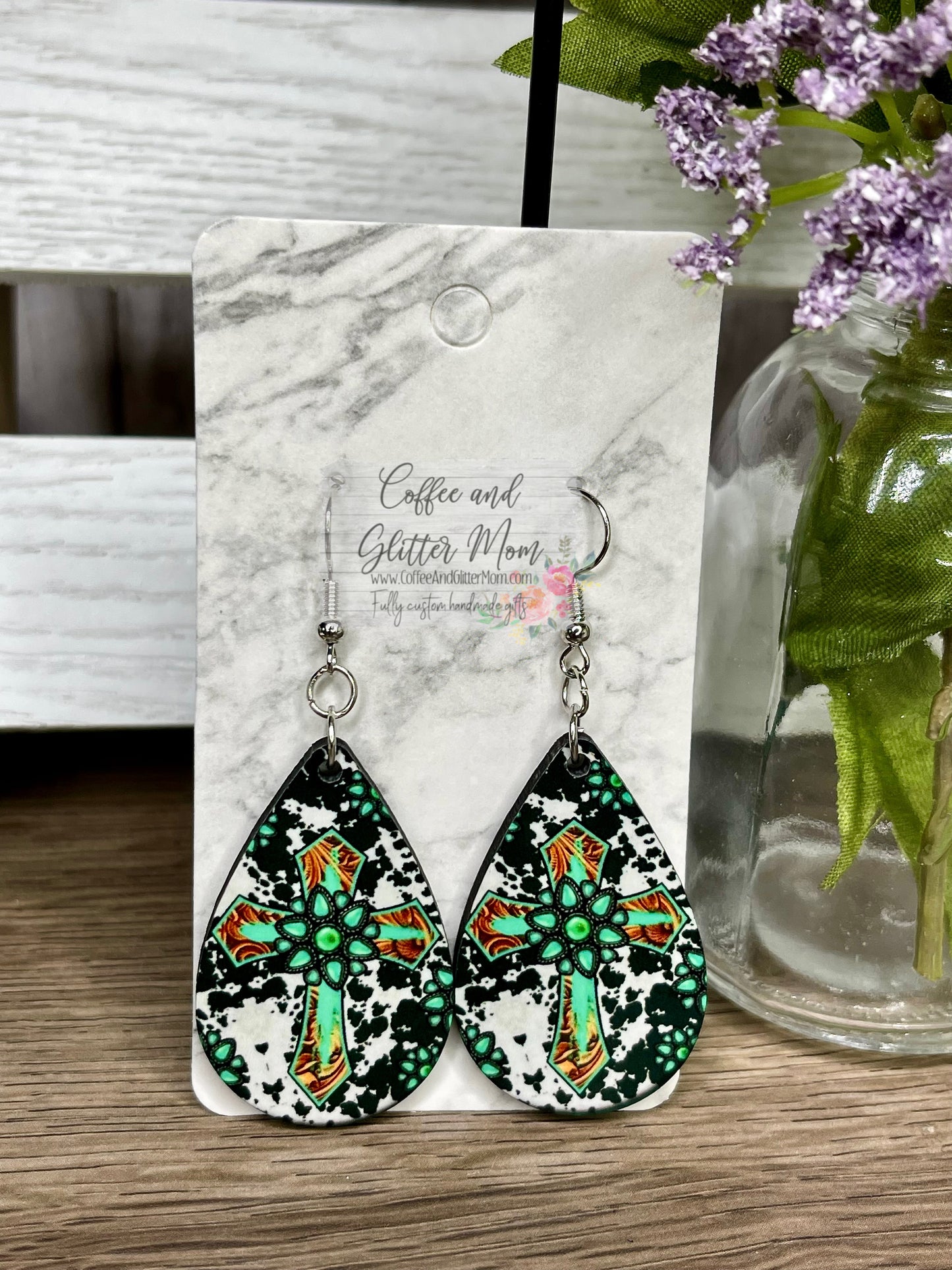 Turquoise Cross Western Heart Earrings