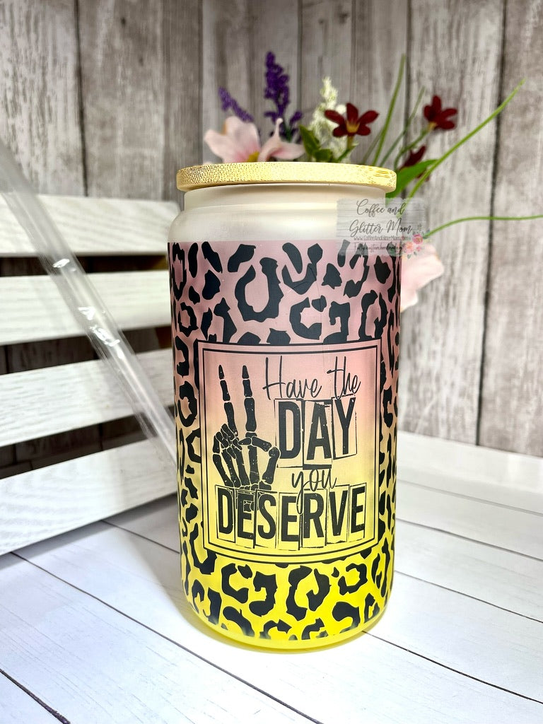 Day You Deserve Animal Print 16oz Yellow Glass Can