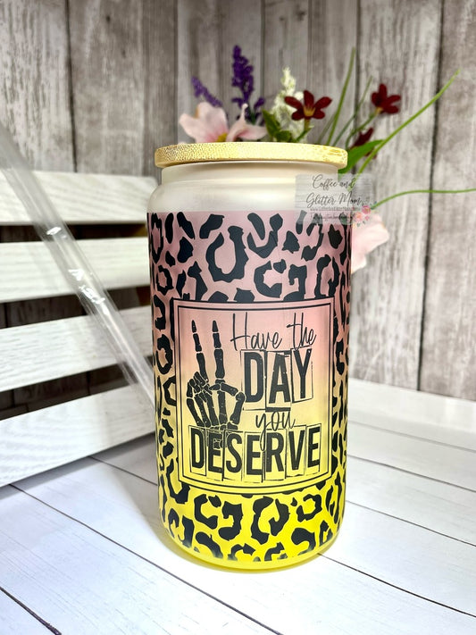 Day You Deserve Animal Print 16oz Yellow Glass Can