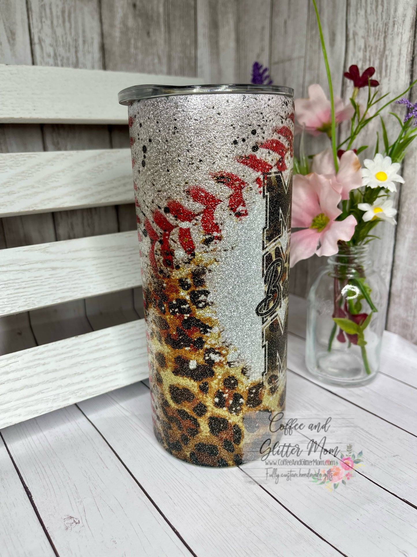 Animal Print Baseball Mom 15oz Silver Glitter Skinny Tumbler