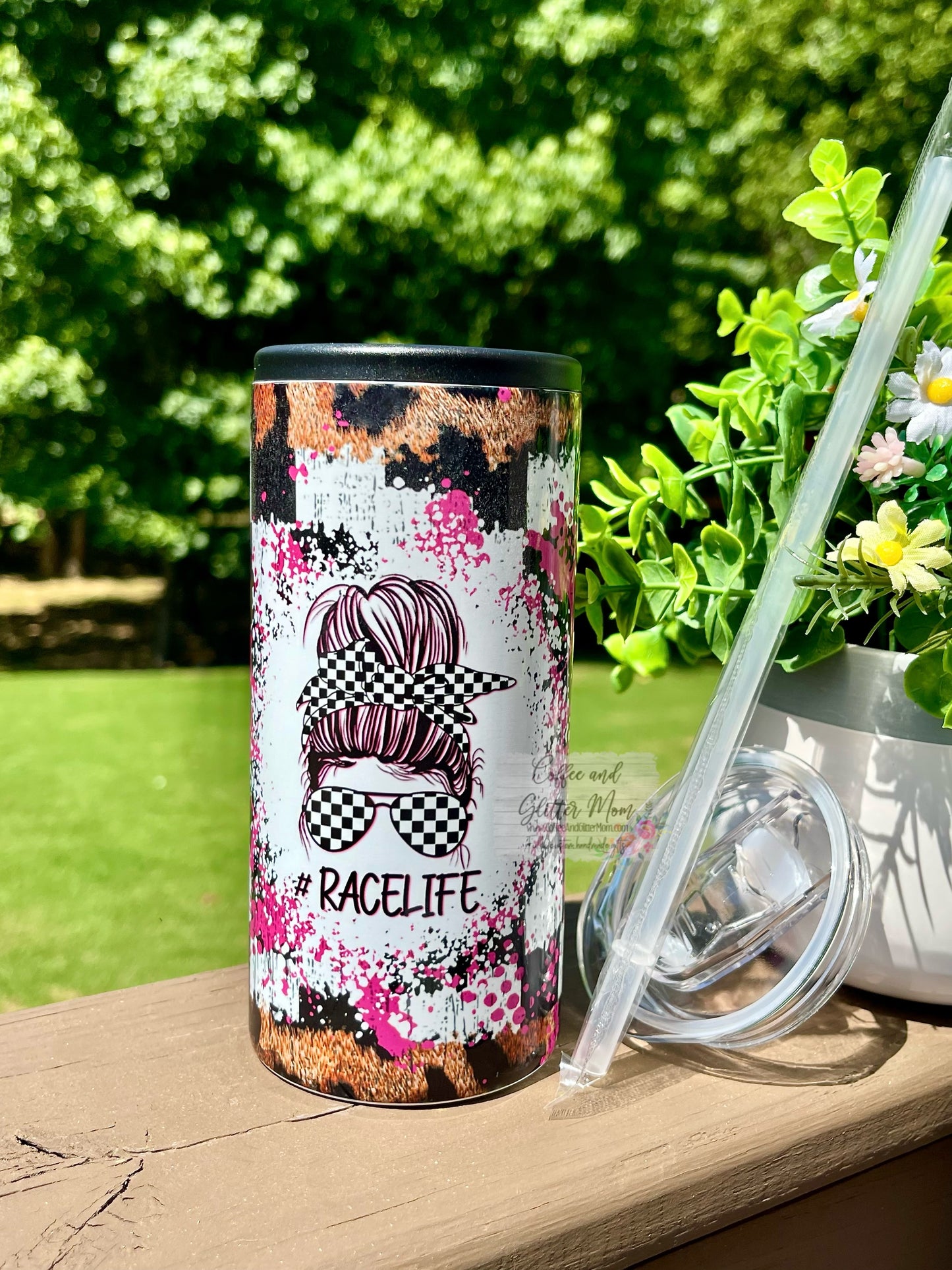 Race Life Pink 12oz Skinny Can Cooler Duo-Lid Tumbler