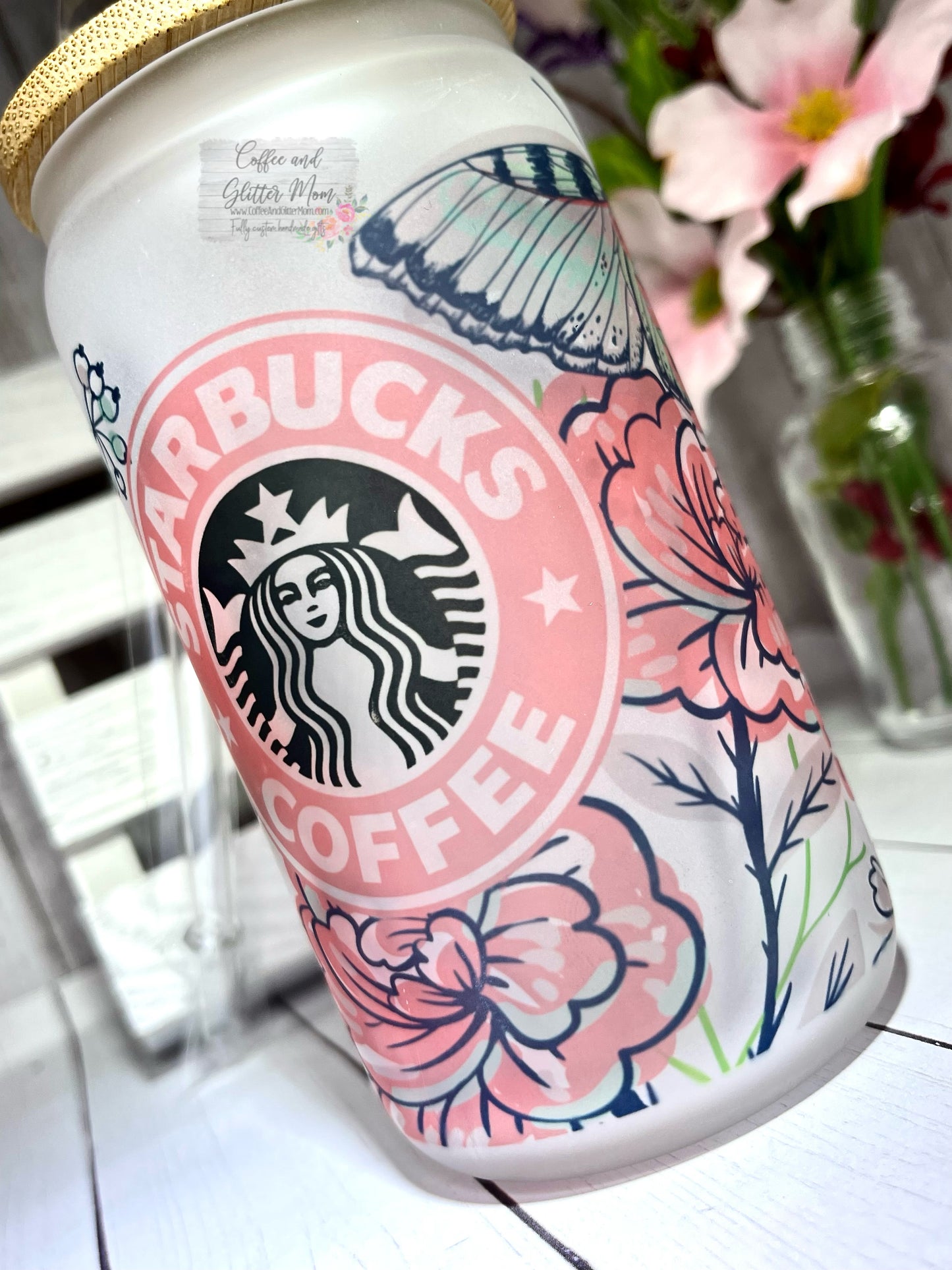 Pink Butterfly Starbucks 12oz Glass Can