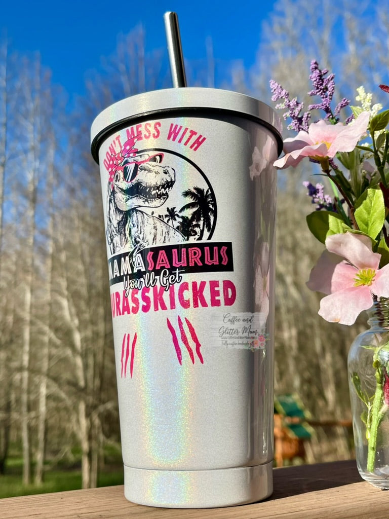 Don't Mess With Dino Mama 16oz White Rainbow Tumbler