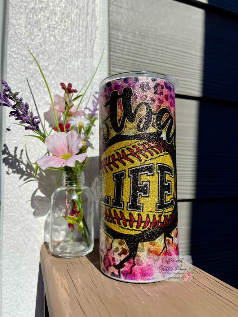 Softball Life Tie-Dye 15oz Silver Glitter Skinny Tumbler