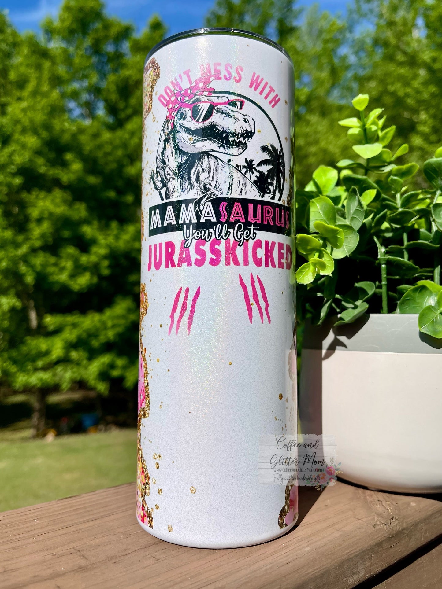 Don't Mess With Mama Dinosaur 20oz White Rainbow Skinny Tumbler