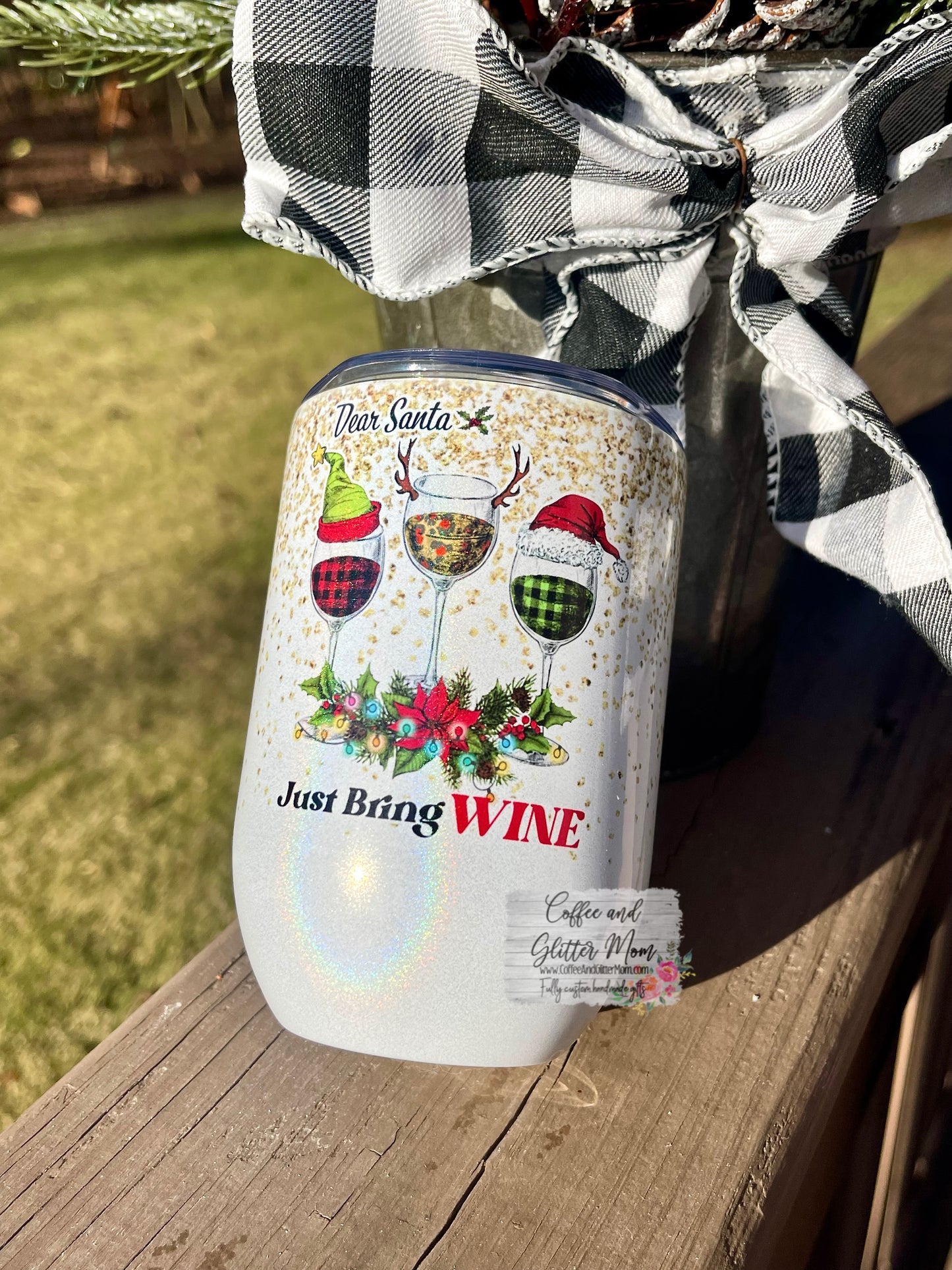 Santa Bring Wine Christmas 12oz Holographic Sparkle Wine Tumbler