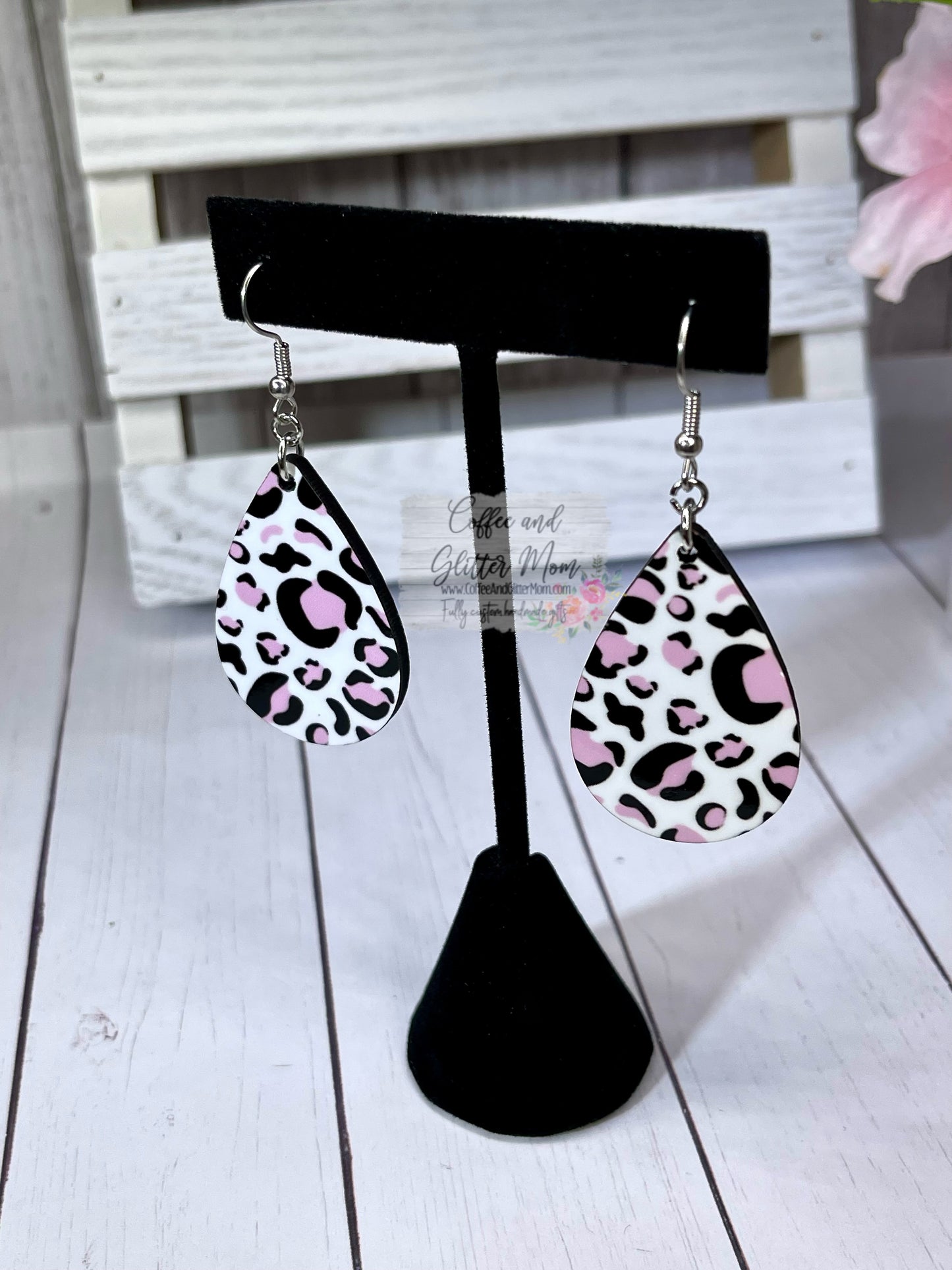 Pink and White Animal Print Teardrop Earrings