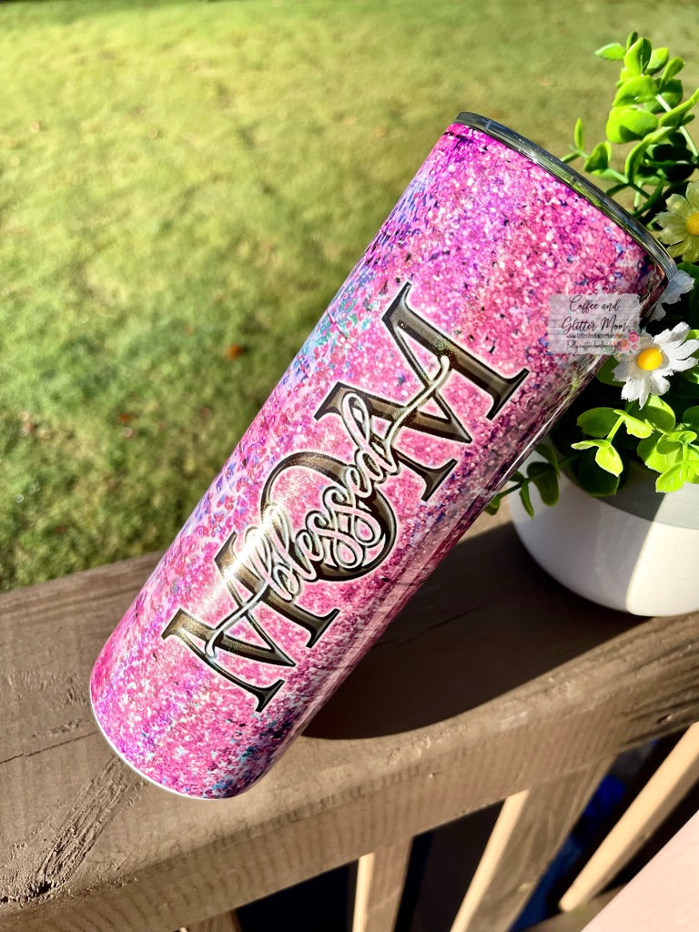 Blessed Mom Animal Print 20oz Holographic Rainbow Skinny Tumbler