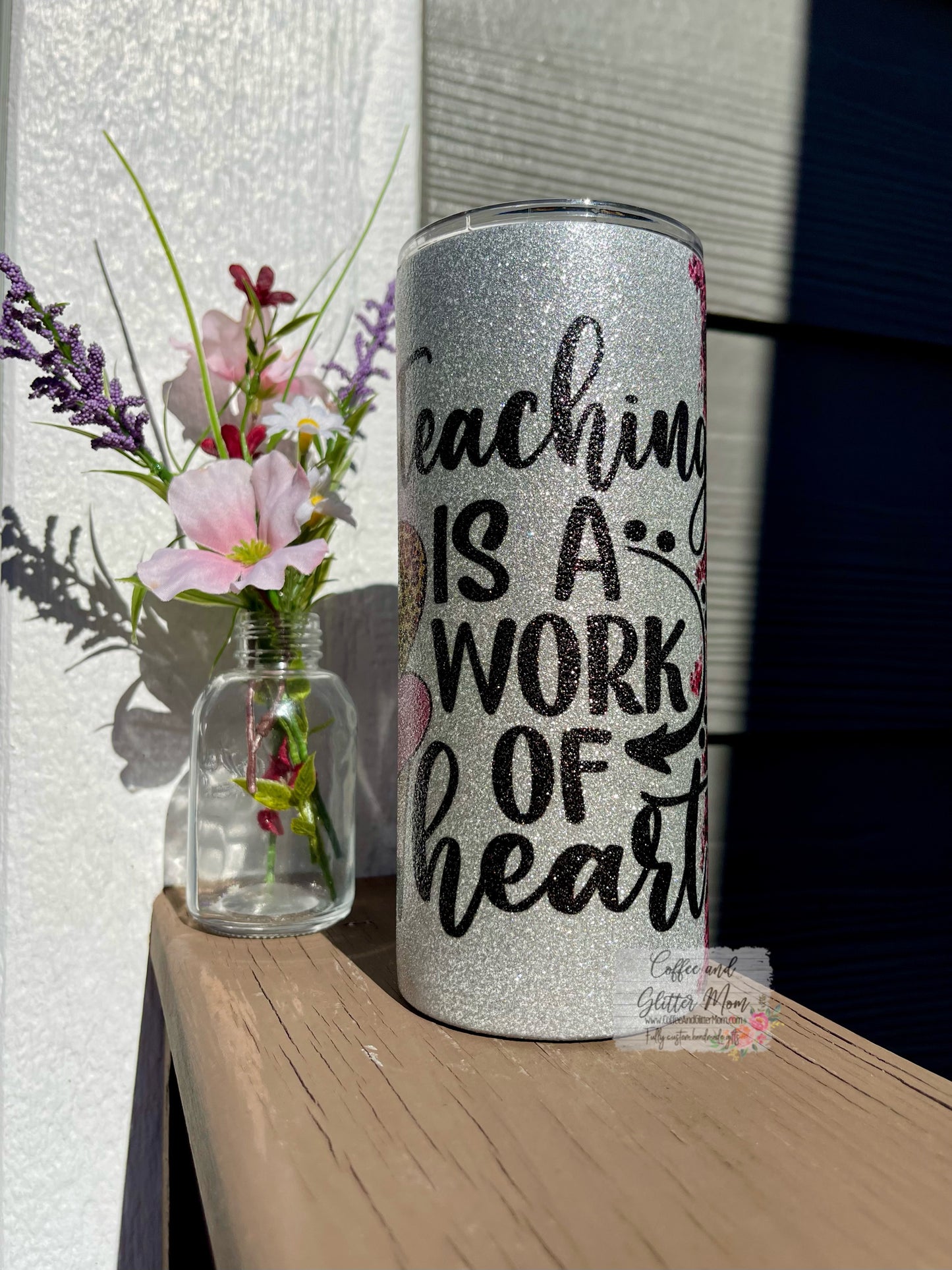 Teaching is a Work of Heart 15oz Silver Glitter Skinny Tumbler