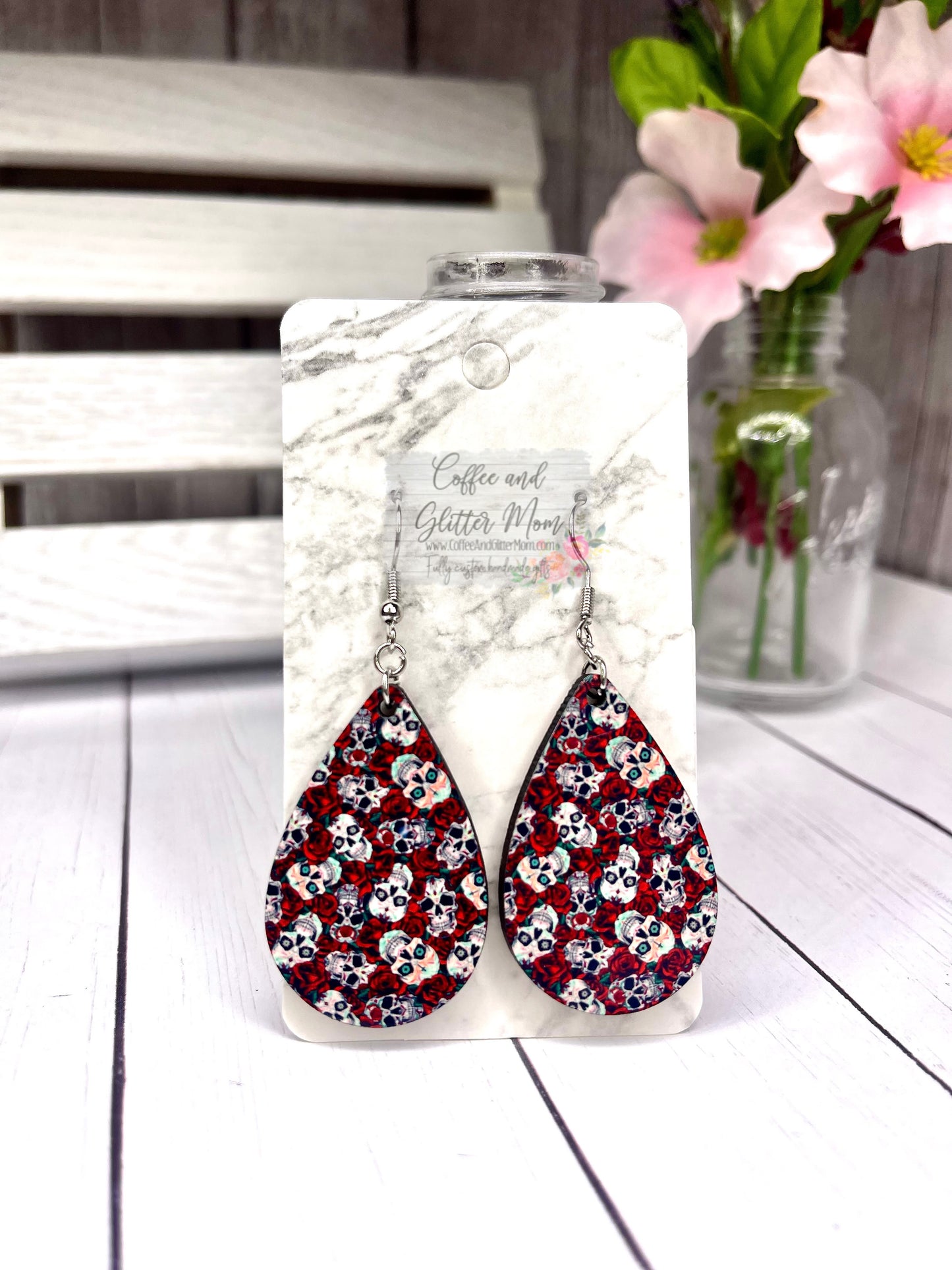 Red Rose Skull Teardrop Earrings