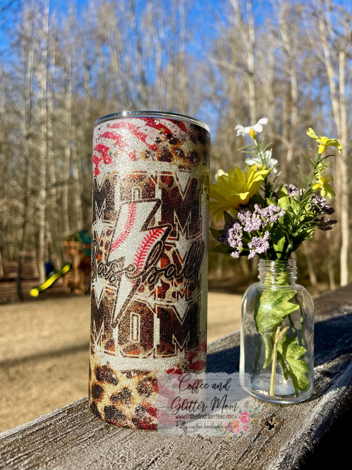 Animal Print Baseball Mom 15oz Silver Glitter Skinny Tumbler