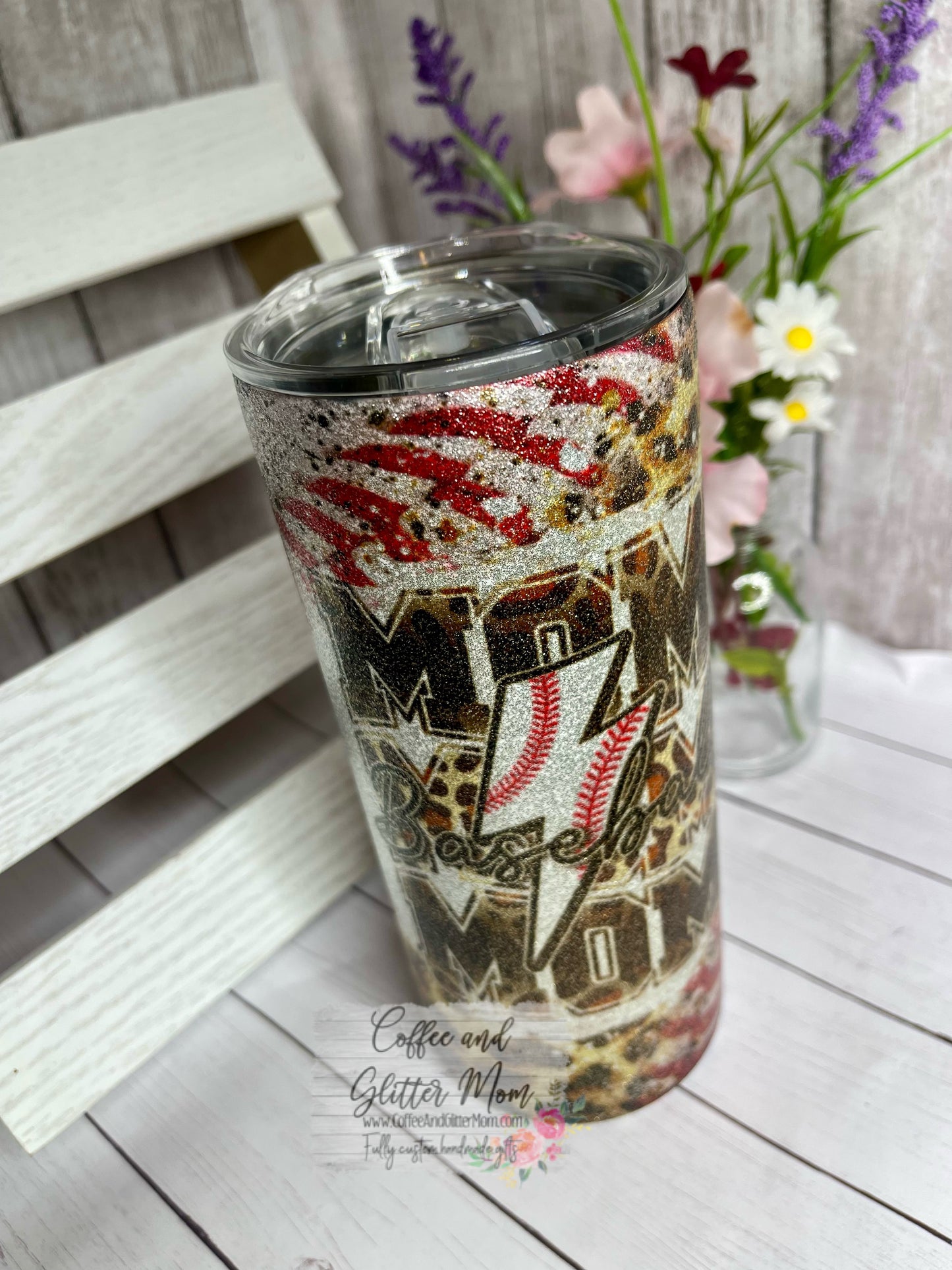Animal Print Baseball Mom 15oz Silver Glitter Skinny Tumbler