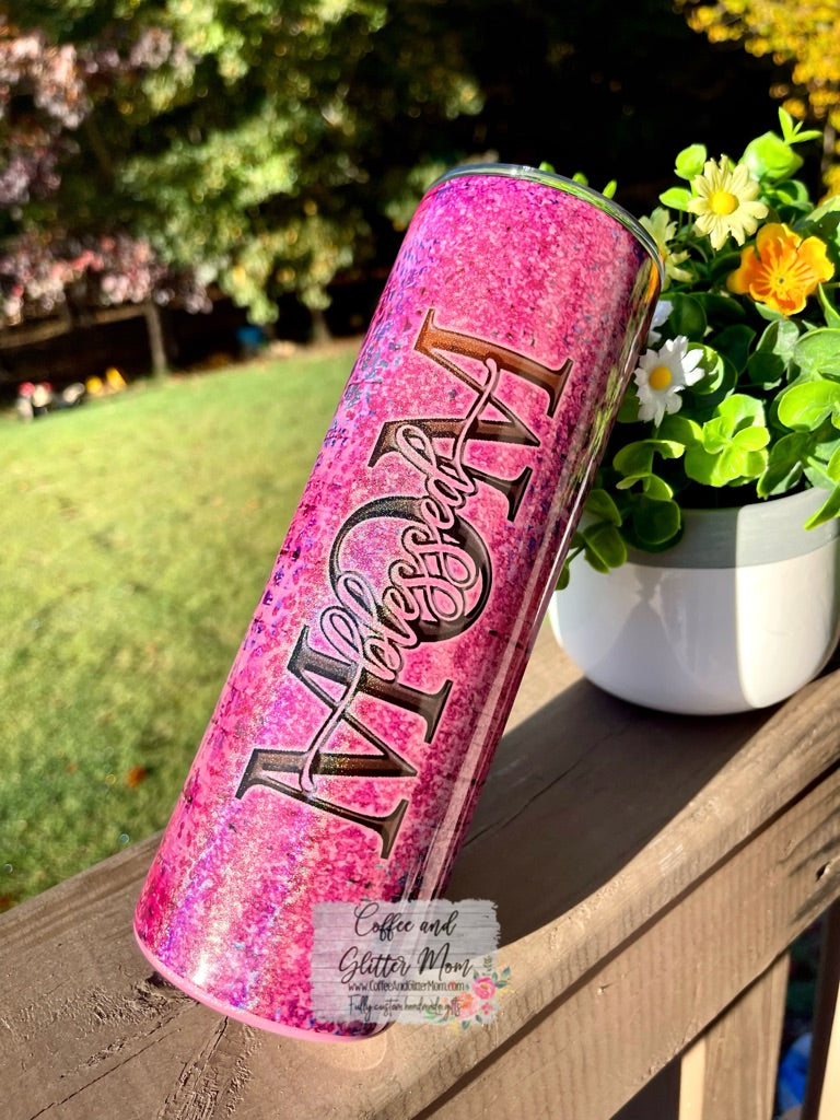 Blessed Mom Animal Print 20oz Holographic Rainbow Skinny Tumbler