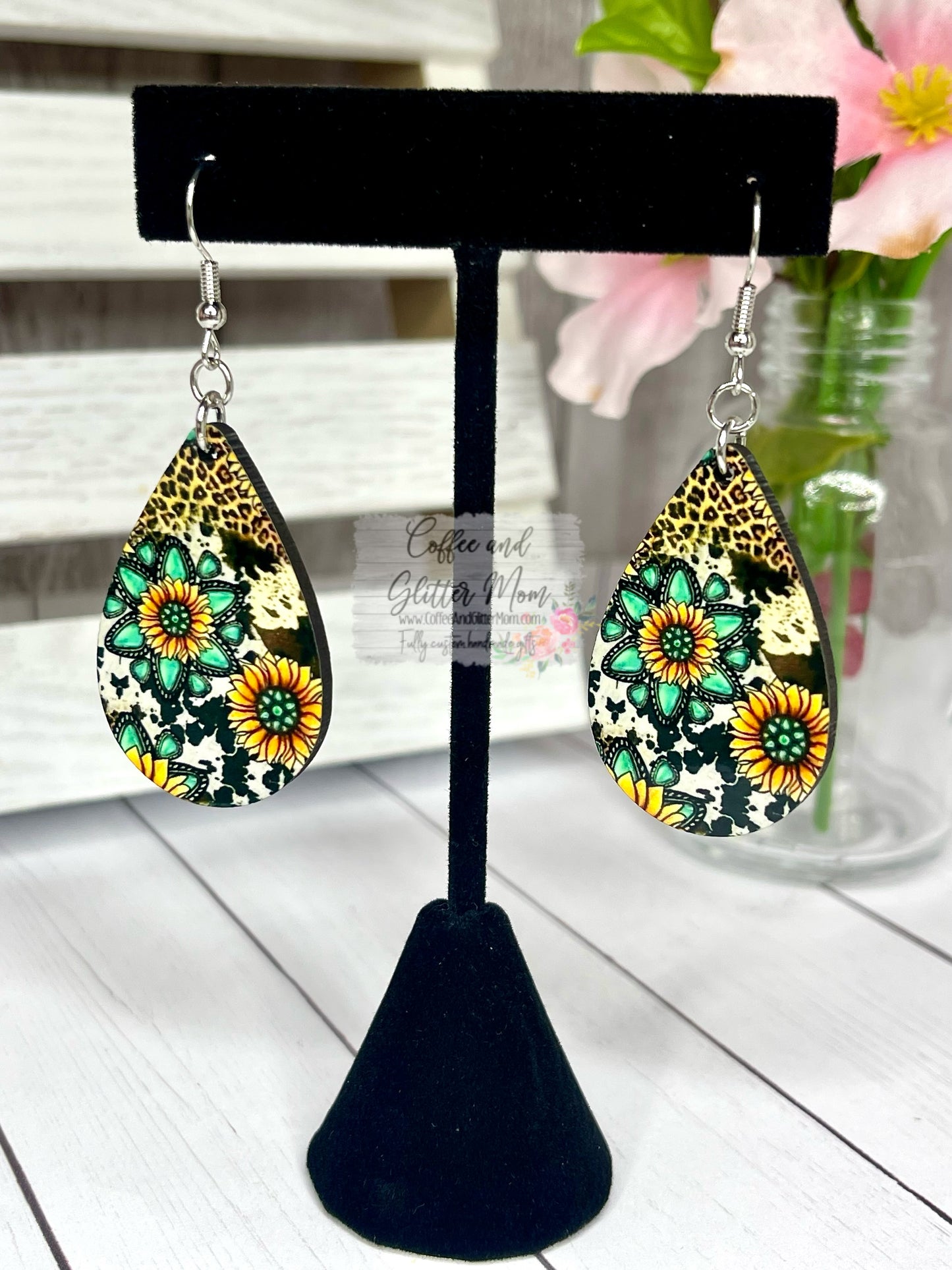 Sunflower Leopard/Cowhide and Turquoise Teardrop Earrings