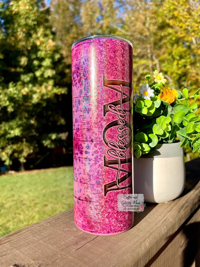 Blessed Mom Animal Print 20oz Holographic Rainbow Skinny Tumbler
