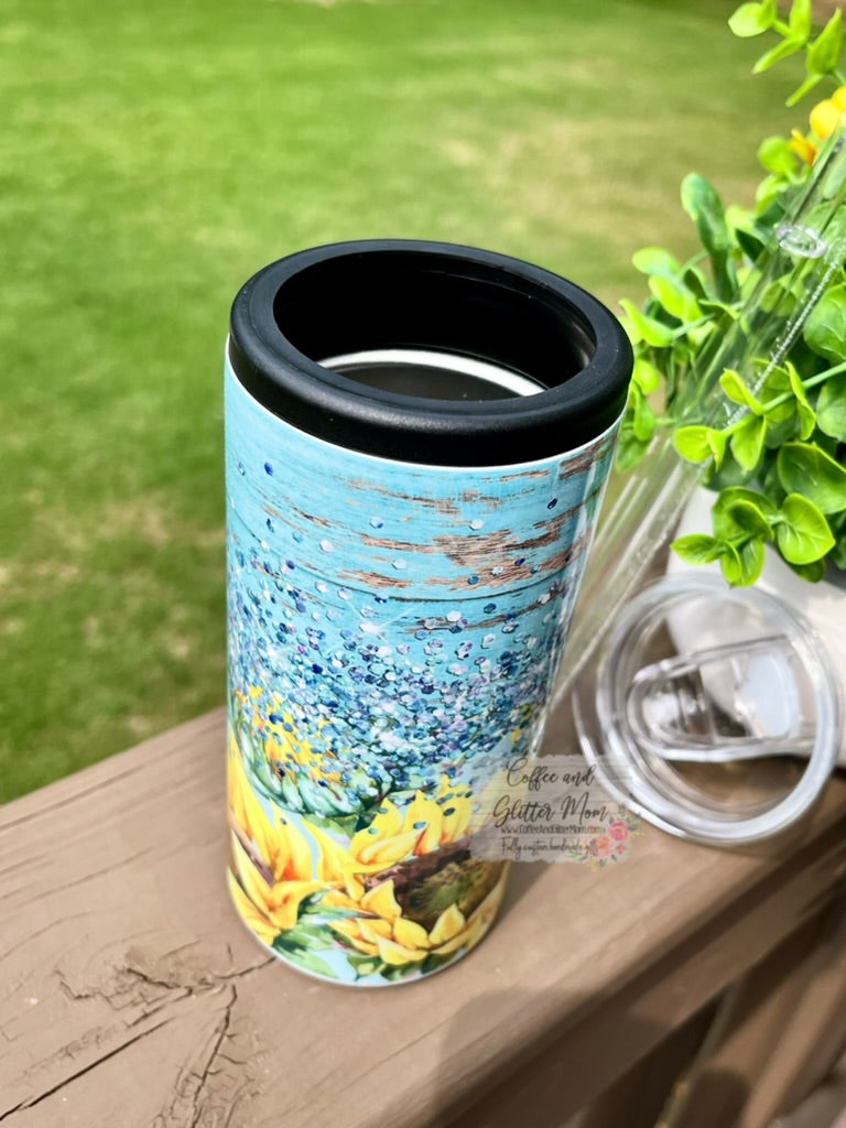 Rustic Sunflower 12oz Skinny Can Cooler Duo-Lid Tumbler
