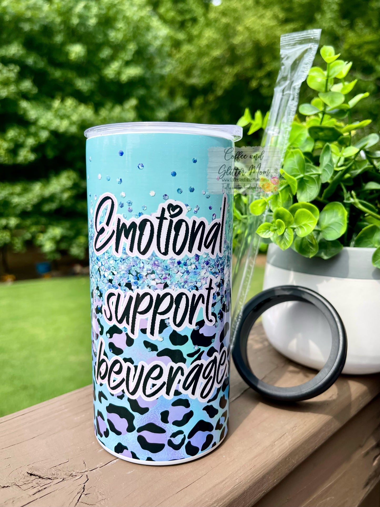 Emotional Support Beverage Animal Print 12oz Skinny Can Cooler Duo-Lid Tumbler