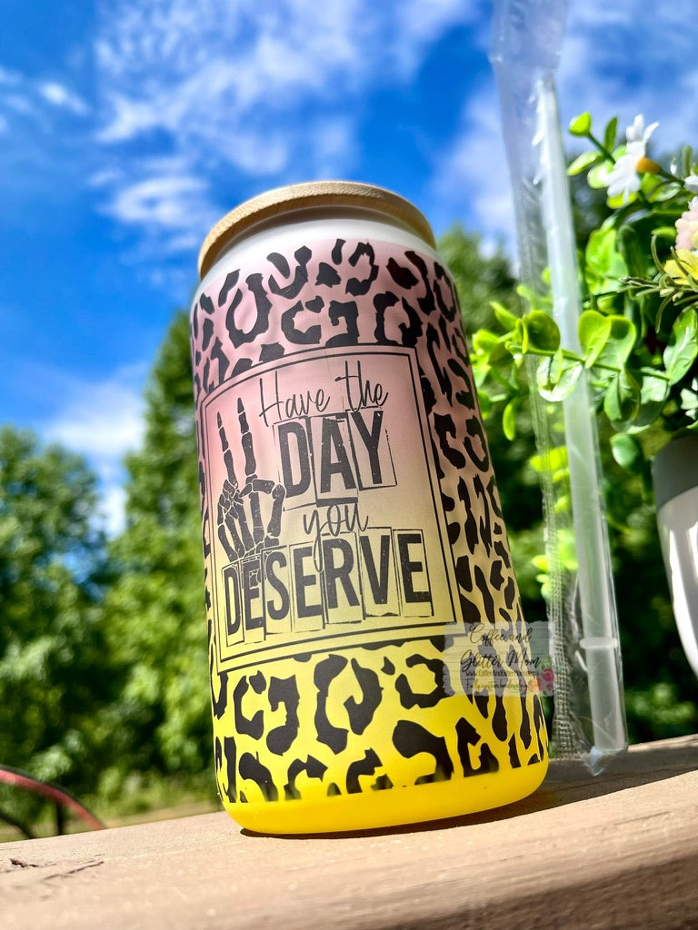 Day You Deserve Animal Print 16oz Yellow Glass Can