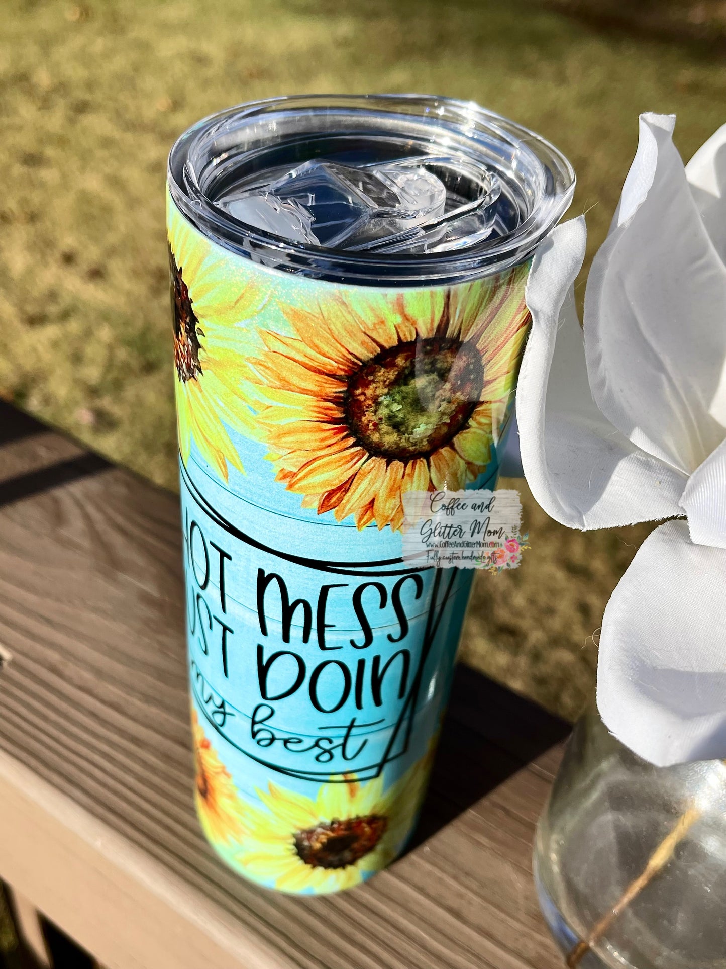 Hot Mess Doin' My Best Sunflower 20oz Holographic Mint Skinny Tumbler
