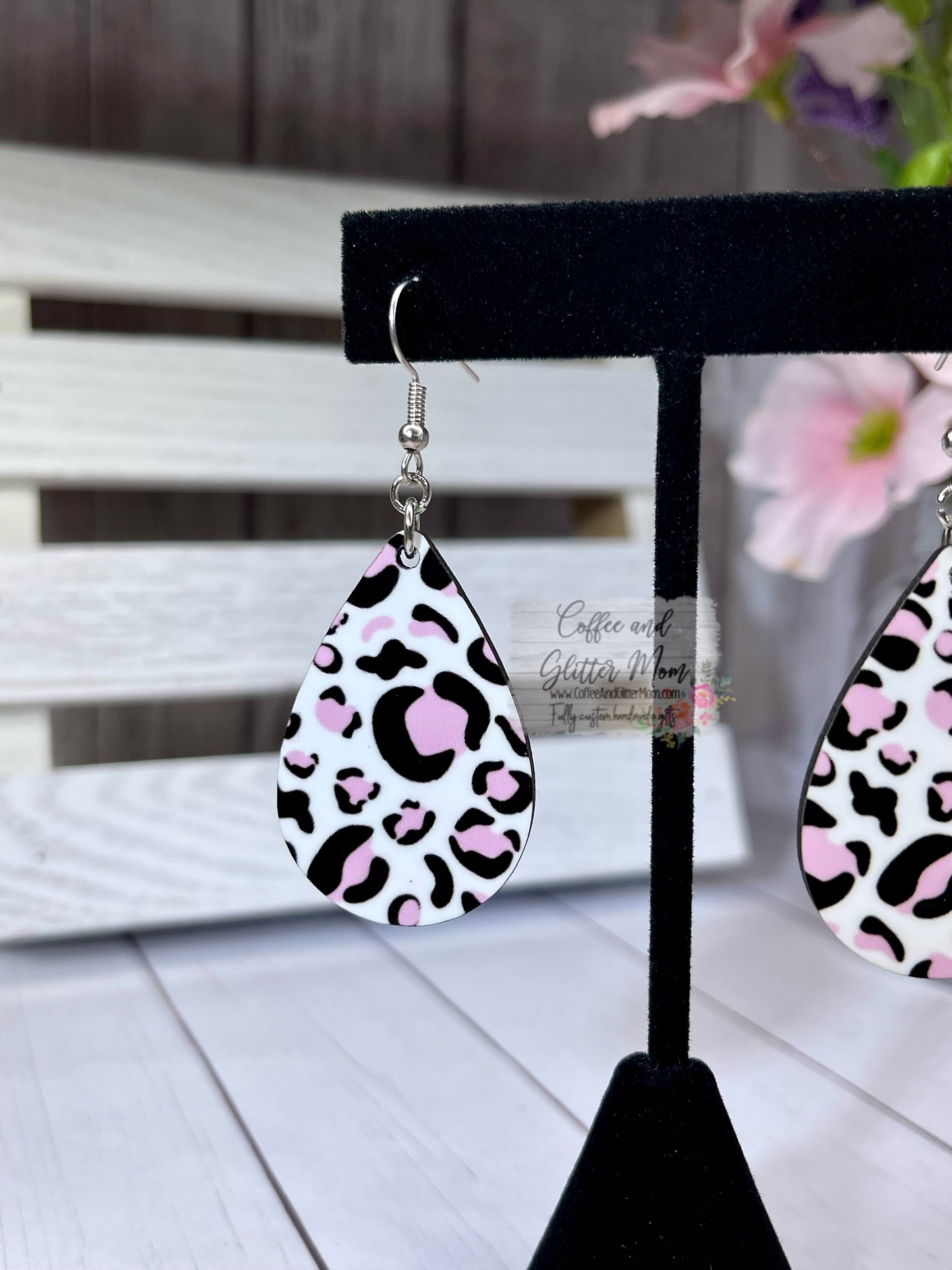 Pink and White Animal Print Teardrop Earrings