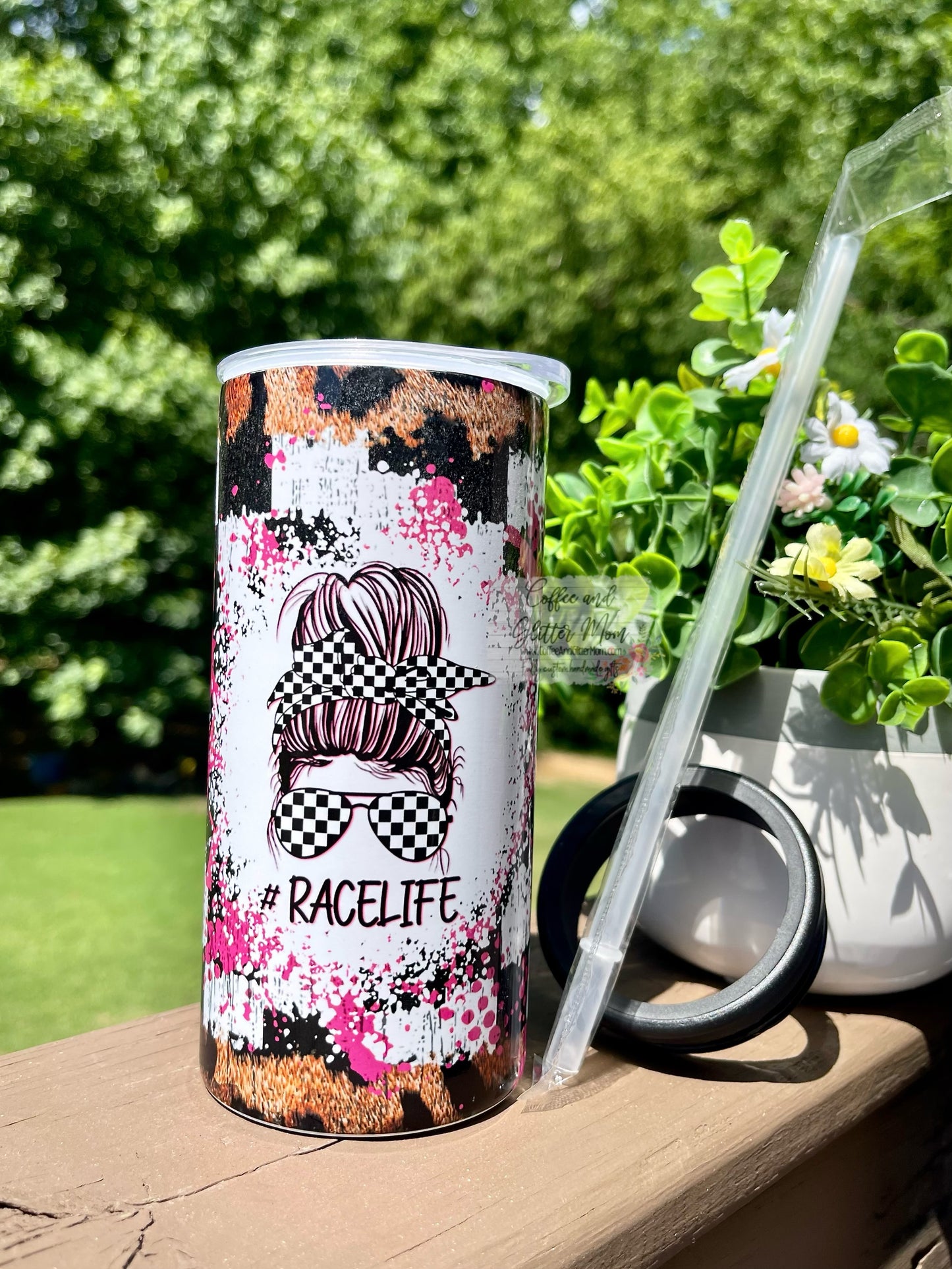 Race Life Pink 12oz Skinny Can Cooler Duo-Lid Tumbler