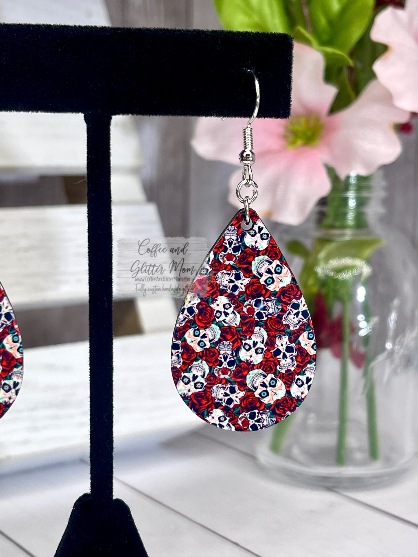Red Rose Skull Teardrop Earrings